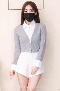 【T83108】高品质假两件式设计御姐风POLO领拼接纯棉弹力长袖百搭上衣 ❤❤ 【B-R1-C6】
