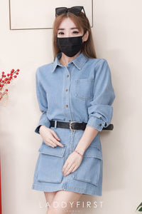 【D7702】高品质美式复古风翻领长袖牛仔连身裙子，附送腰带，有口袋 ❤❤【A-R1-C6】