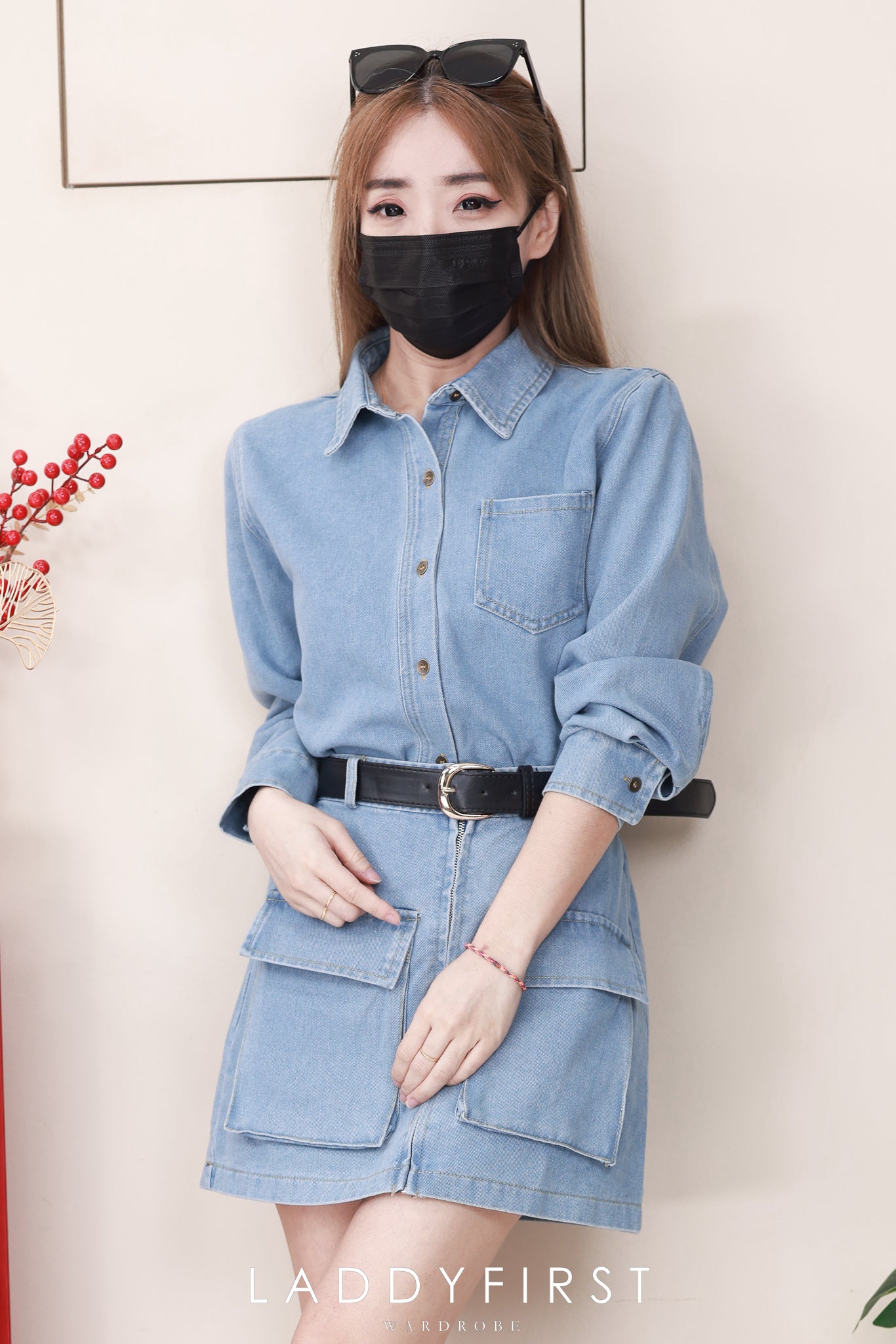 【D7702】高品质美式复古风翻领长袖牛仔连身裙子，附送腰带，有口袋 ❤❤【A-R1-C6】