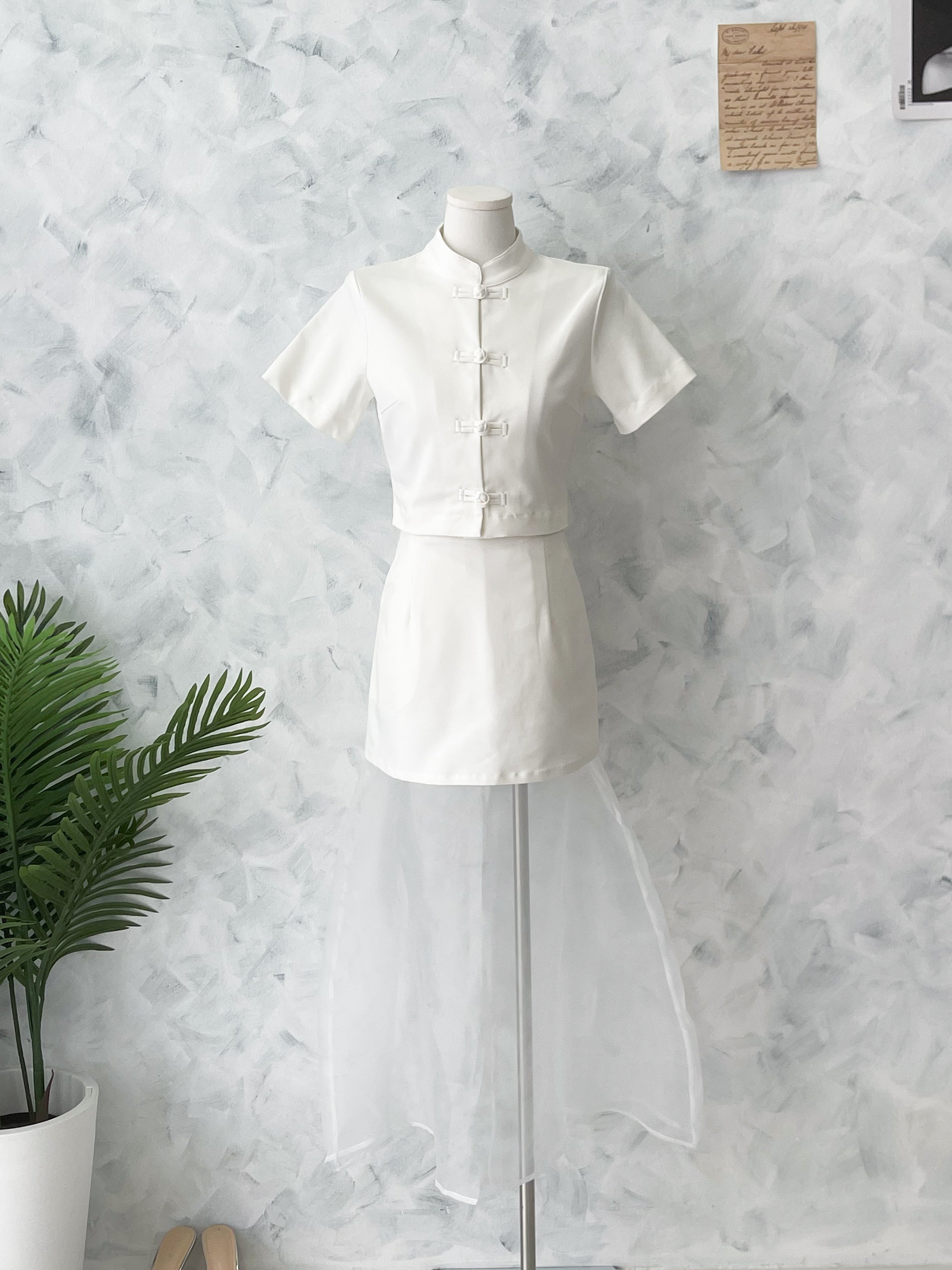 【SS2758】高品质两件式旗袍套组 锦棉旗袍短袖上衣➕锦棉拼接网纱裙子 ❤️❤️