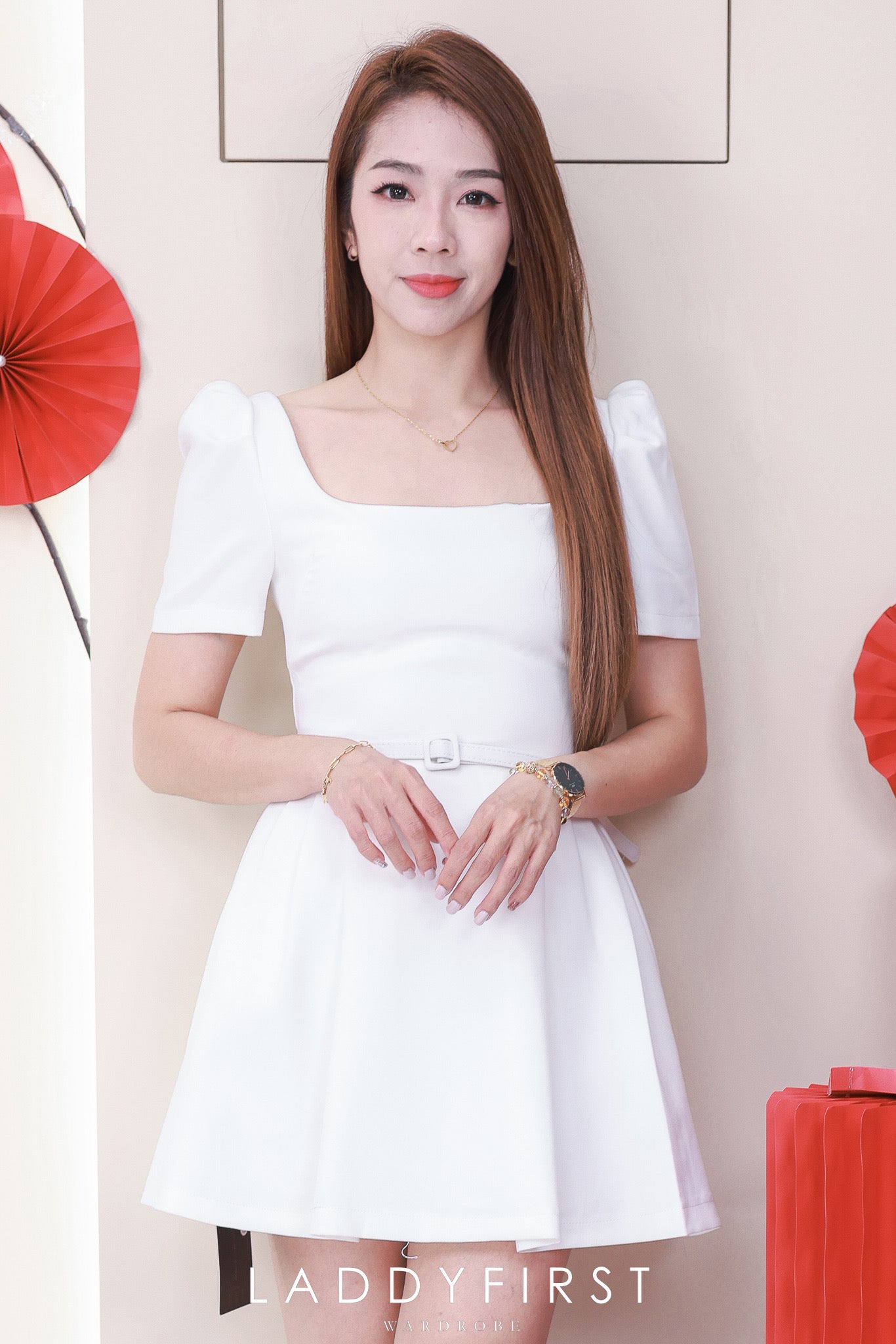 【D24250】独家爆款高品质方领泡泡袖甜美西装娃娃裙子，搭配系带腰带，有口袋 ❤️❤️