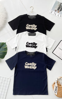 【T8055】高品质纯棉弹力圆领短袖毛绒刺绣字母日常简约休闲百搭上衣 ❤❤ 【A-R2-C6】