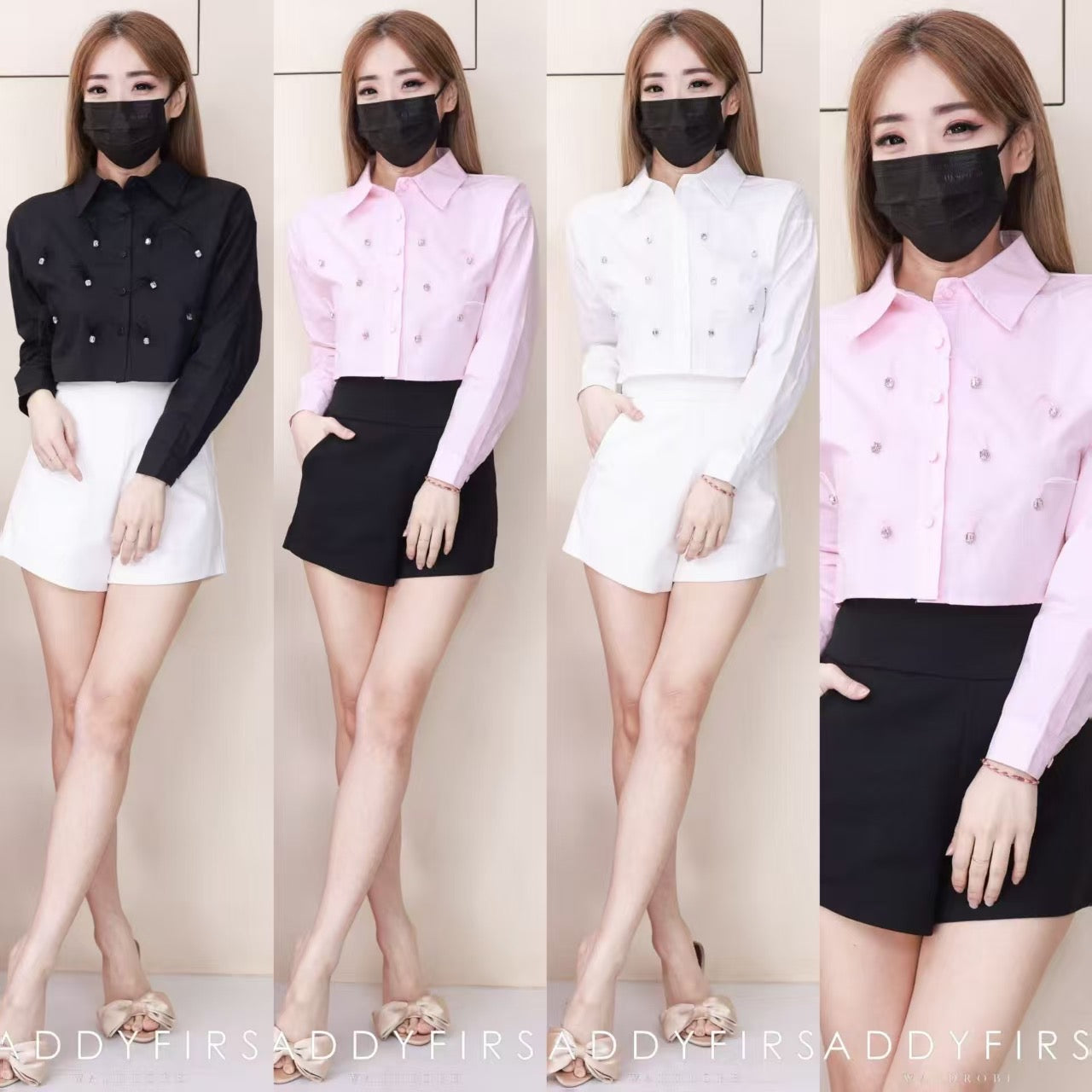 【T25268】高品质精致羽毛点缀拼接长袖衬衫短版上衣 ❤❤