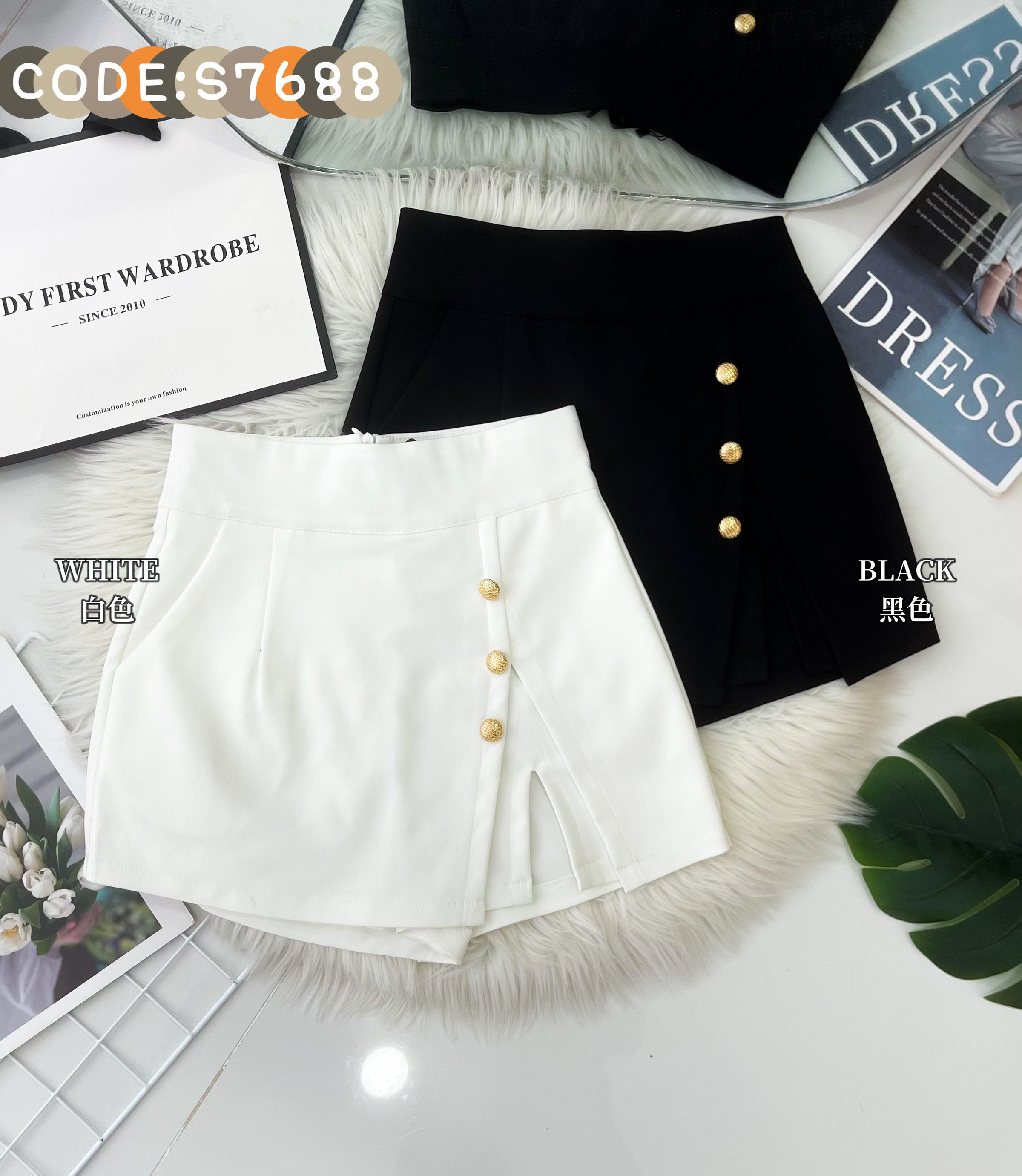 【S76881】独家爆款假两件西装高腰百搭休闲A字小开叉设计裤裙，前裙后裤，有口袋【C-R2-C1】