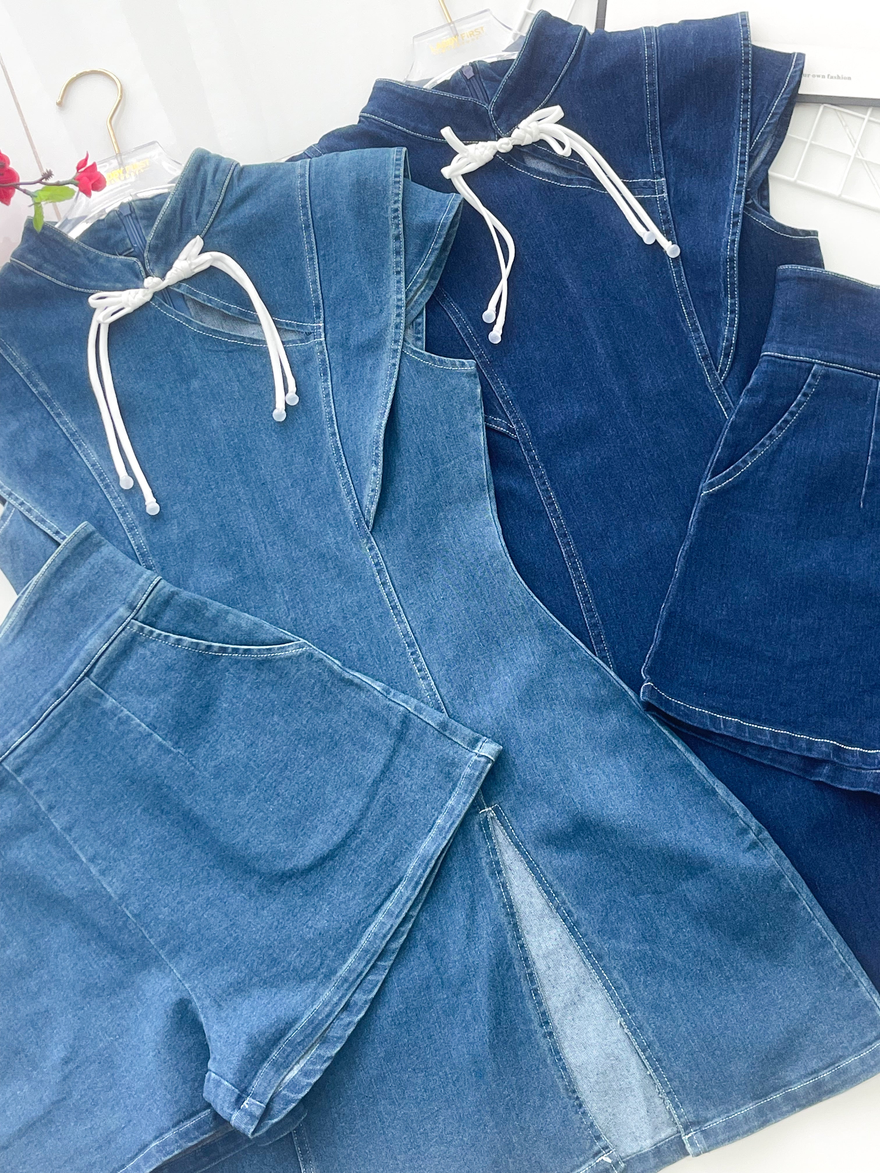 【SS2701】高品质两件式新中式高端极简COTTON JEANS牛仔旗袍套装 旗袍牛仔连衣裙➕牛仔高腰百搭短裤，有口袋 ❤️❤️