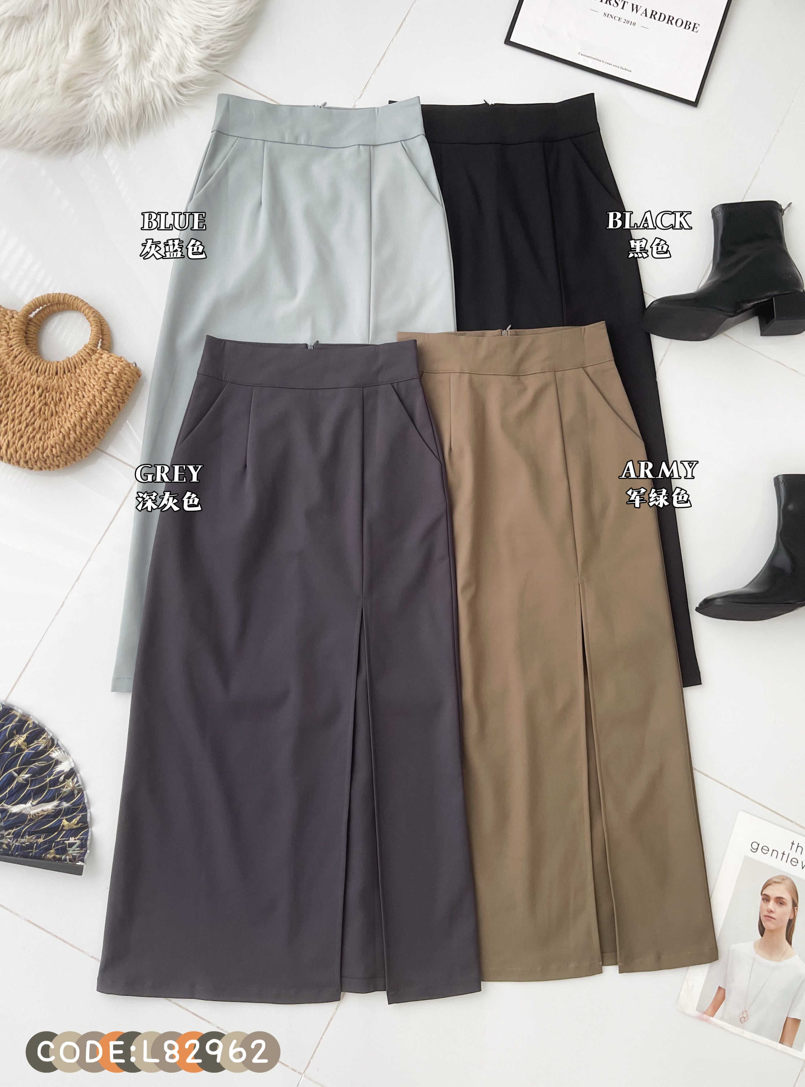 【L82962】高品质韩式修身显腰开叉设计锦棉OL高腰百搭长裙，有口袋 ❤️❤️