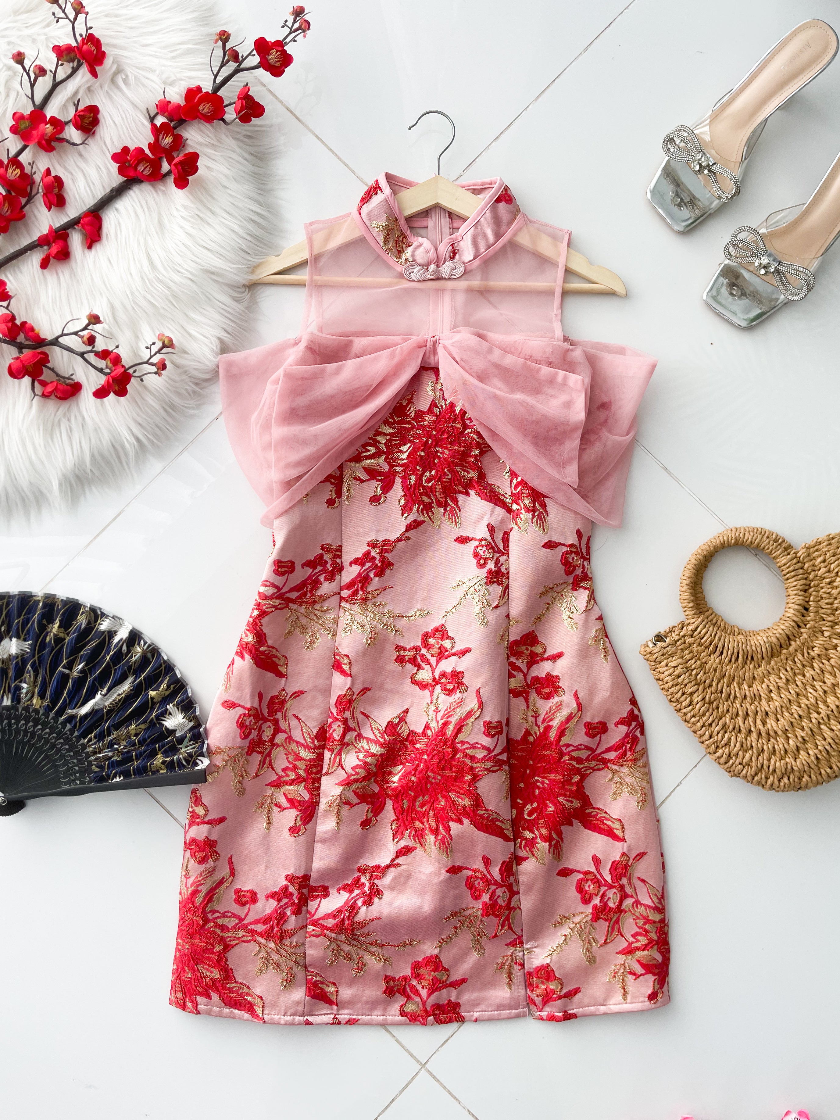 【D81657 / 91318】高品质高端气质拼接网纱蝴蝶结提花旗袍连身裙子 ❤️❤️【A-R2-C6】