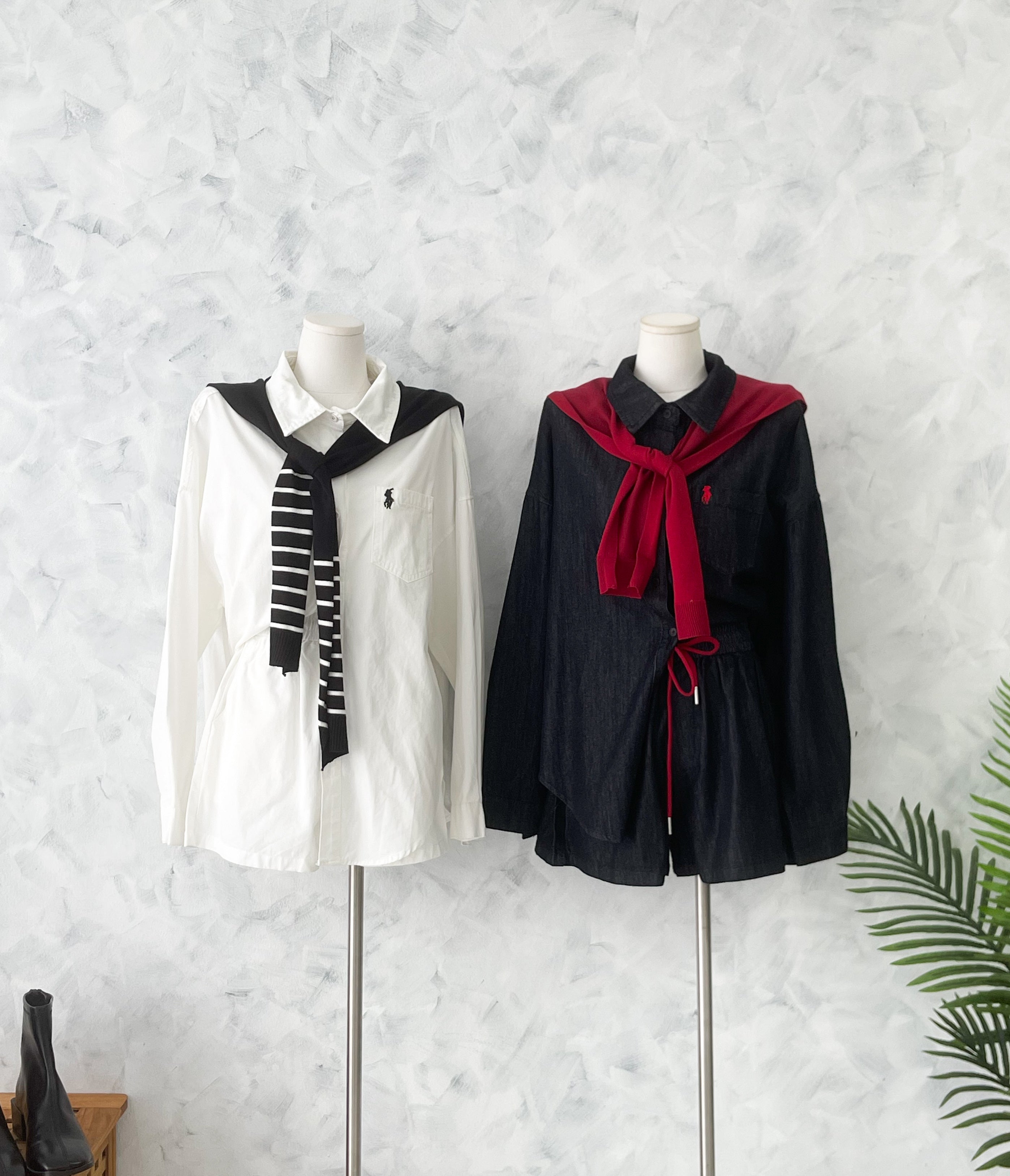 【SS8620】高品质两件式韩式牛仔简约休闲百搭套装 翻领长袖牛仔上衣➕松紧腰弹力牛仔短裤，有口袋 ❤️❤️