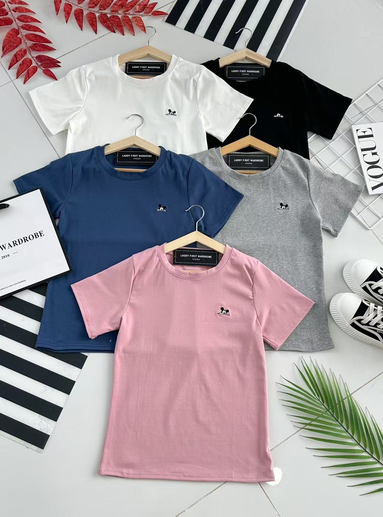 【T68013-1】⚡补货预订款⚡高品质米奇刺绣logo圆领短袖纯棉弹力休闲百搭上衣 ❤❤