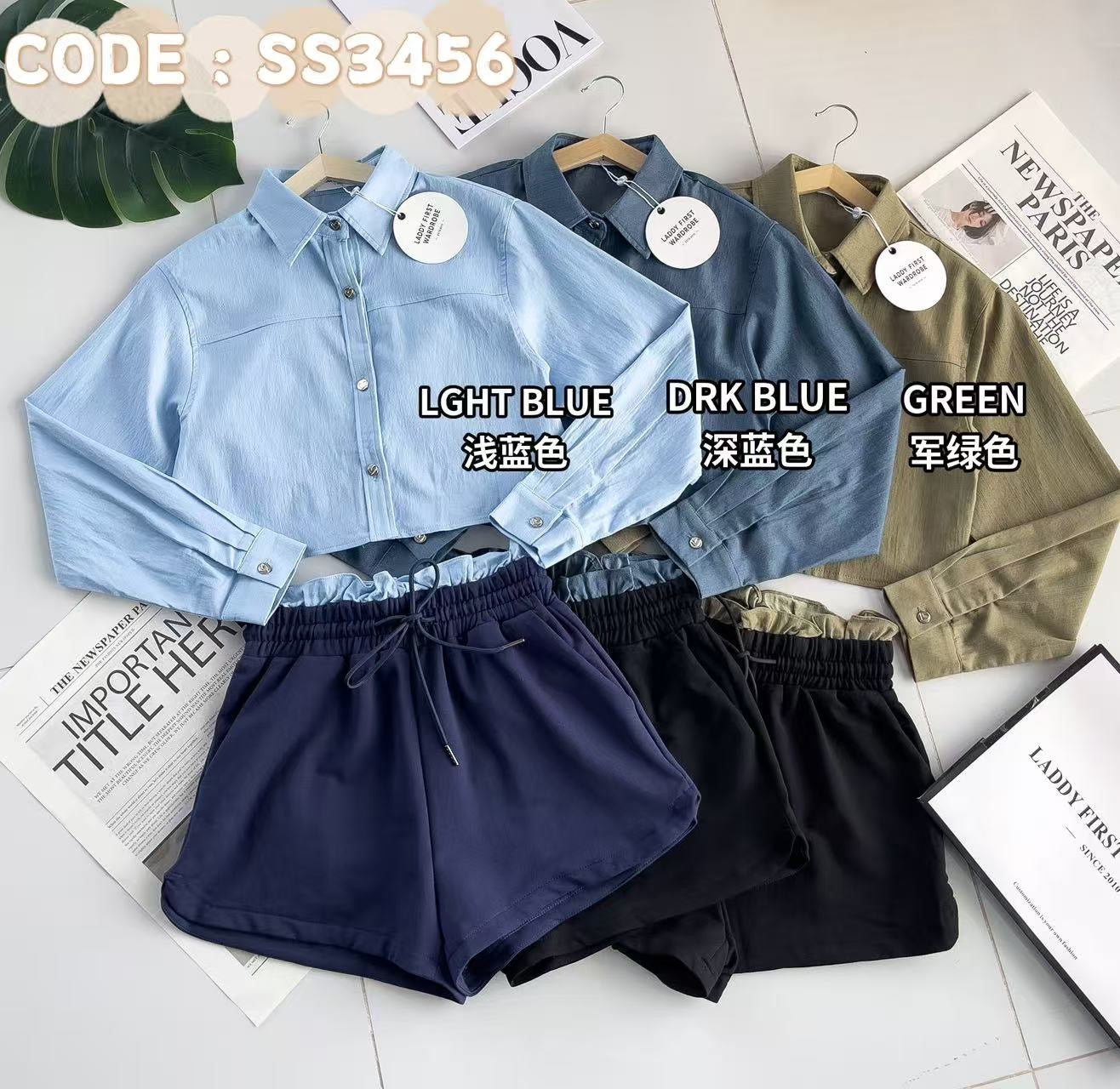 【SS3456】LFW独家小圆饼高品质两件式韩版简约时尚套装 翻领长袖宽松短版牛仔外套➕卫衣棉棉松紧腰休闲百搭短裤，有口袋 ❤️❤️