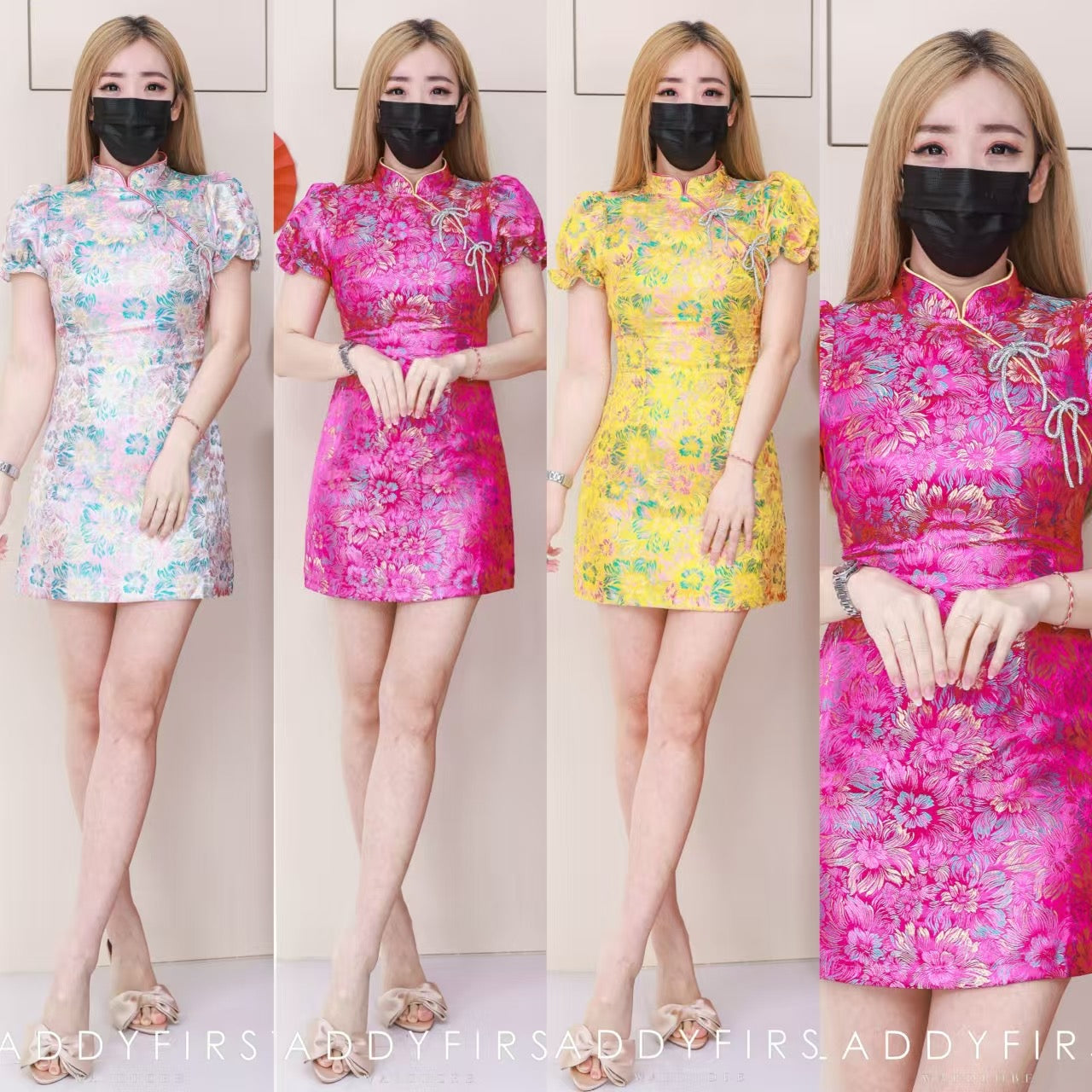 【D8235271】独家爆款优雅气质国风立领泡泡袖显腰身提花旗袍连身裙子，搭配精致蝴蝶结水钻针扣点缀【B-R3-C4】