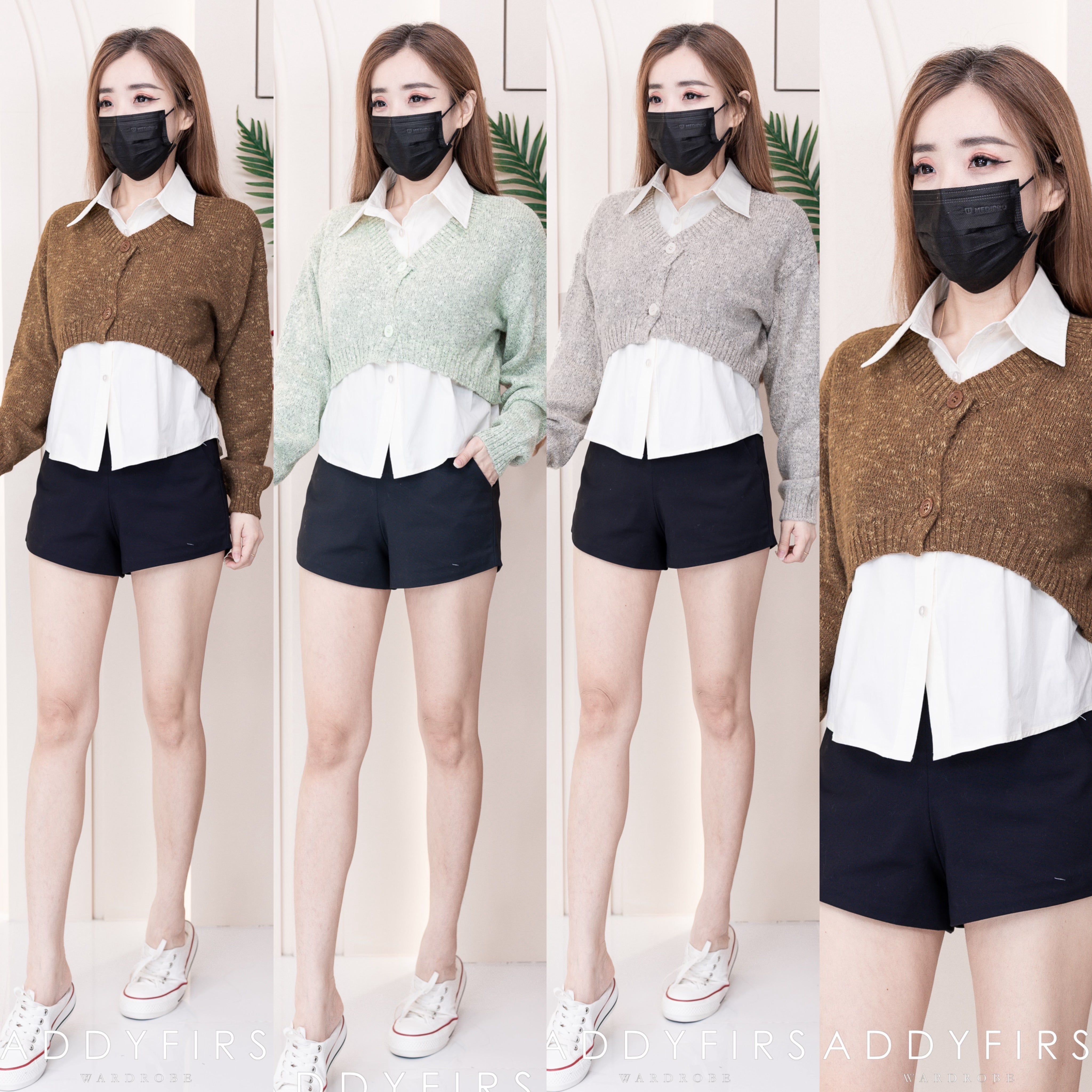 【T8826】高品质两件式韩系时尚宽松翻领衬衫➕针织毛衣长袖小外套 ❤❤