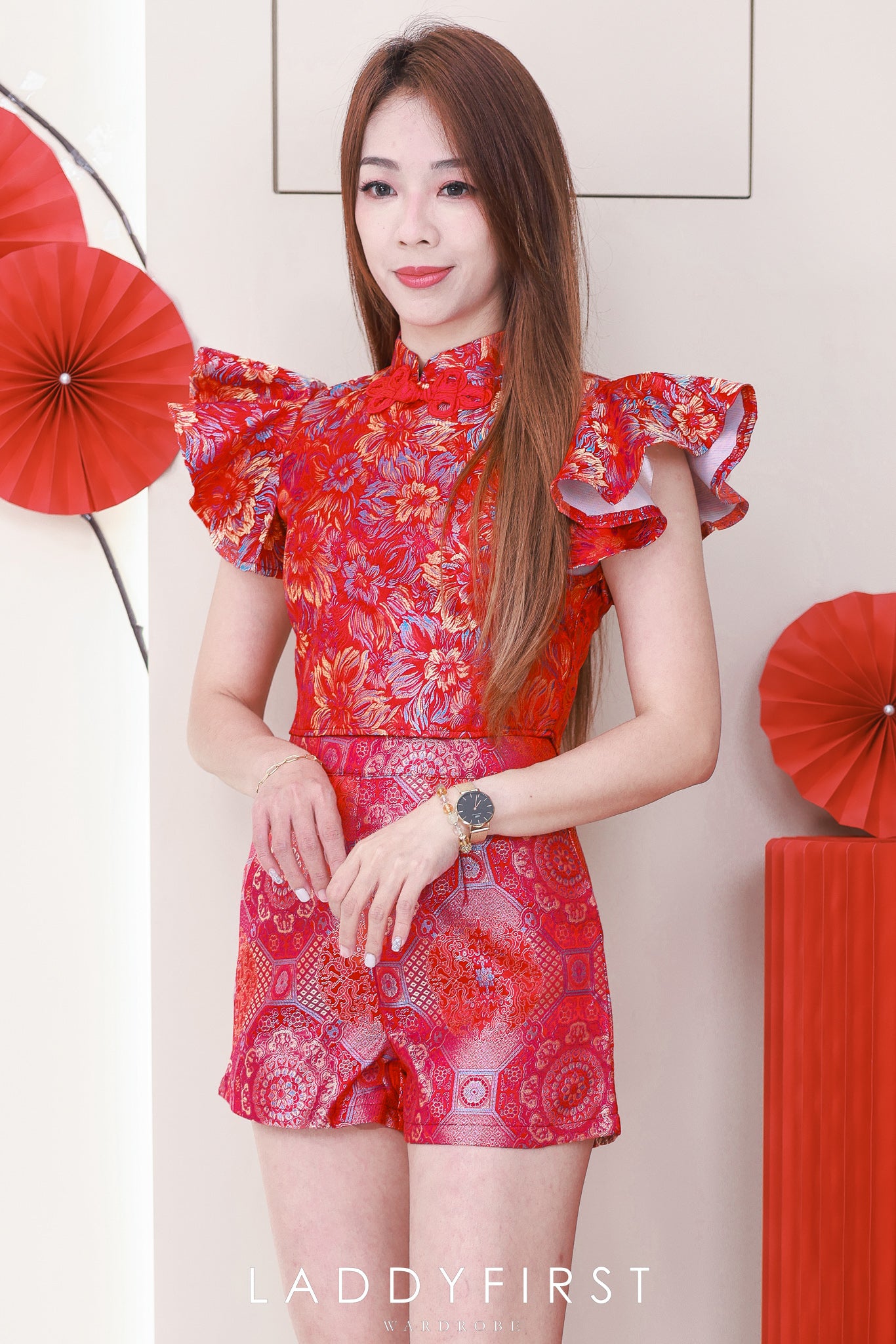 【SS8235511】【网站福利款✨】独家爆款高品质两件式减龄洋气时尚新中式国风提花旗袍套装 盘扣荷叶袖提花上衣➕提花高腰短裤 ❤️❤️