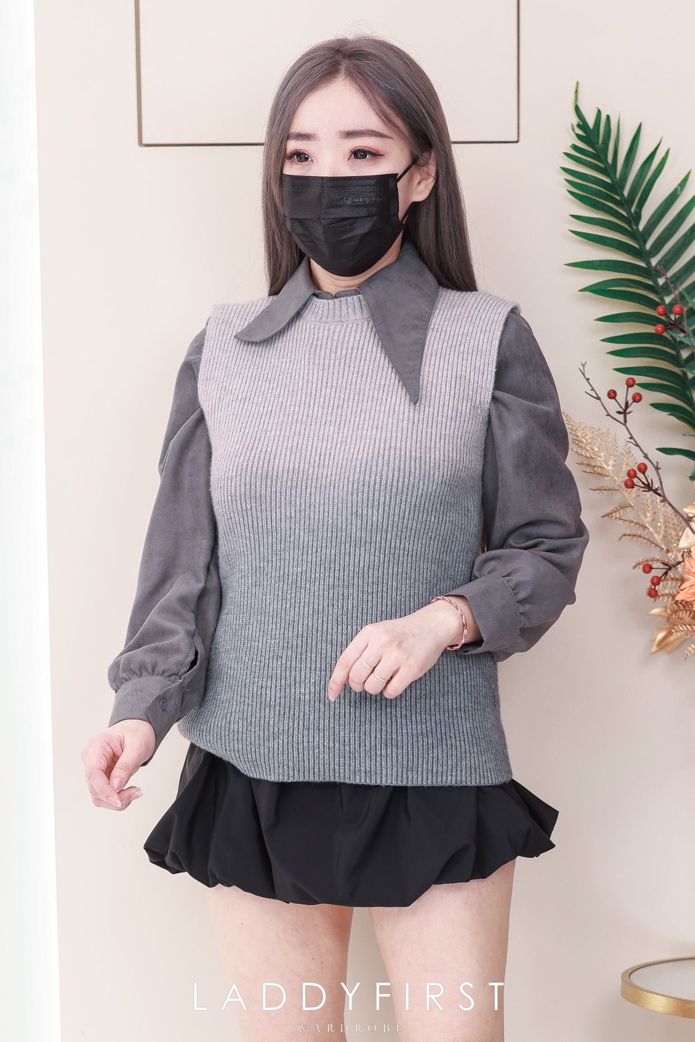 【T213】高品质假两件式韩版上衣  双色无袖针织上衣➕翻领长袖宽松长袖上衣 ❤❤