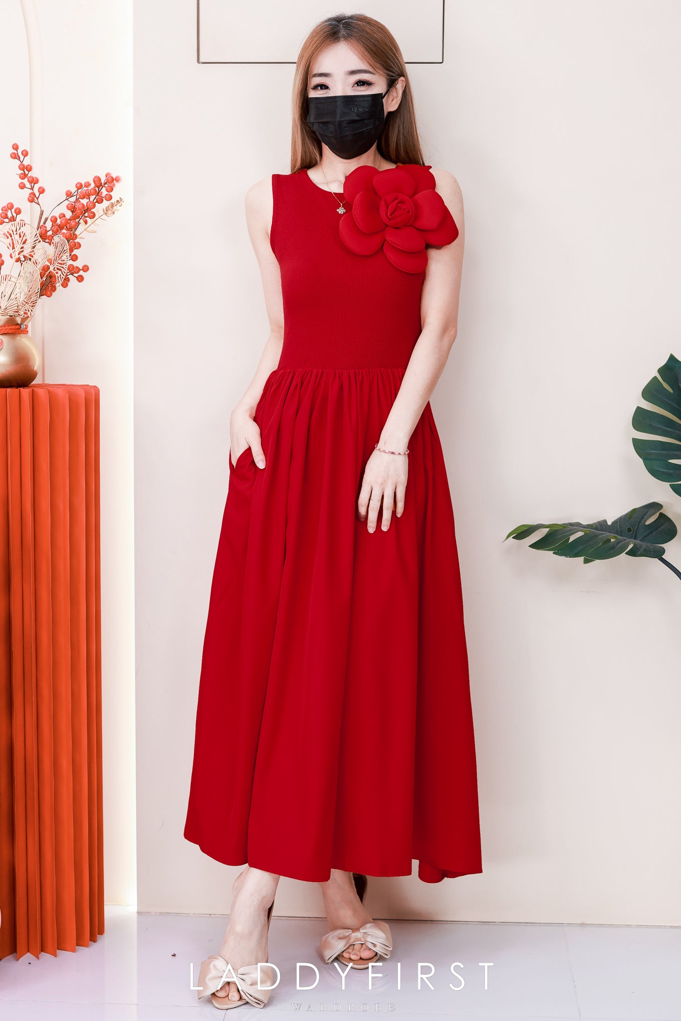 【D323020】高品质仙气韩系大气立体大花螺纹弹力拼接雪纺连身长裙 ❤❤【A-R2-C4】