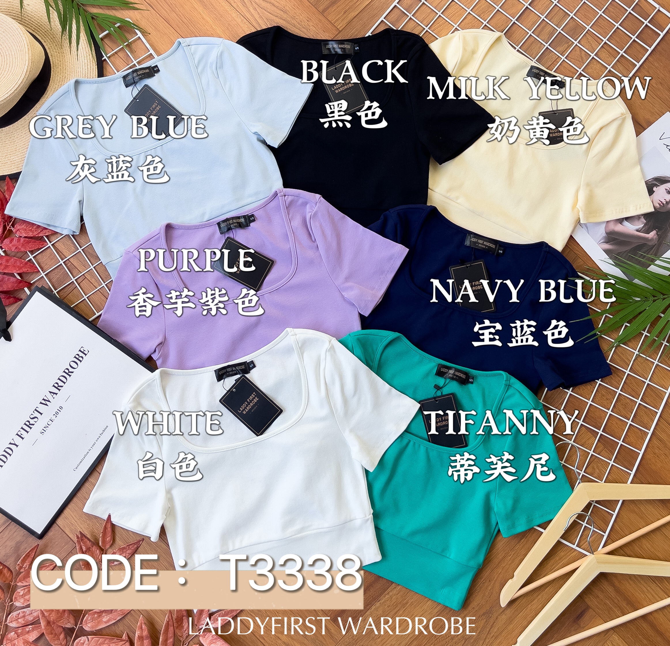 【T3338】独家爆款 ‼️方领短袖纯棉弹力百搭必备上衣【A-R1-C3】