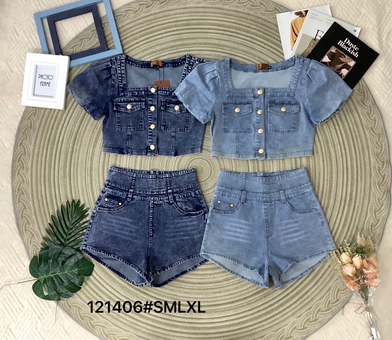 【SS121406】高品质两件式减龄时尚牛仔套装 #COTTON JEANS 翻领泡泡袖牛仔上衣➕牛仔高腰显瘦百搭短裤，有口袋 ❤️❤️