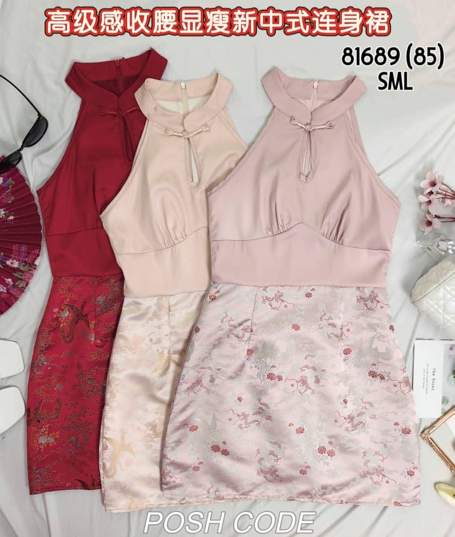 【D81689 / 37610】高品质高端气质缎面拼接提花无袖旗袍连身裙子 ❤❤【B-R1-C5】