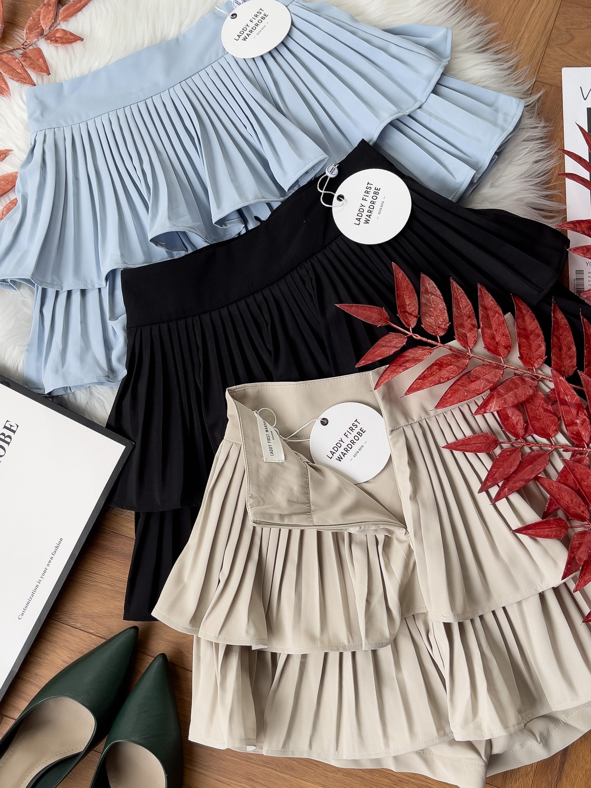 【S68135】【LFW独家小圆饼】【直播间搭配】双层蛋糕百褶荷叶边高腰显瘦西装裙子，内层防走光短裤 ❤️❤️ 【C-R3-C5】