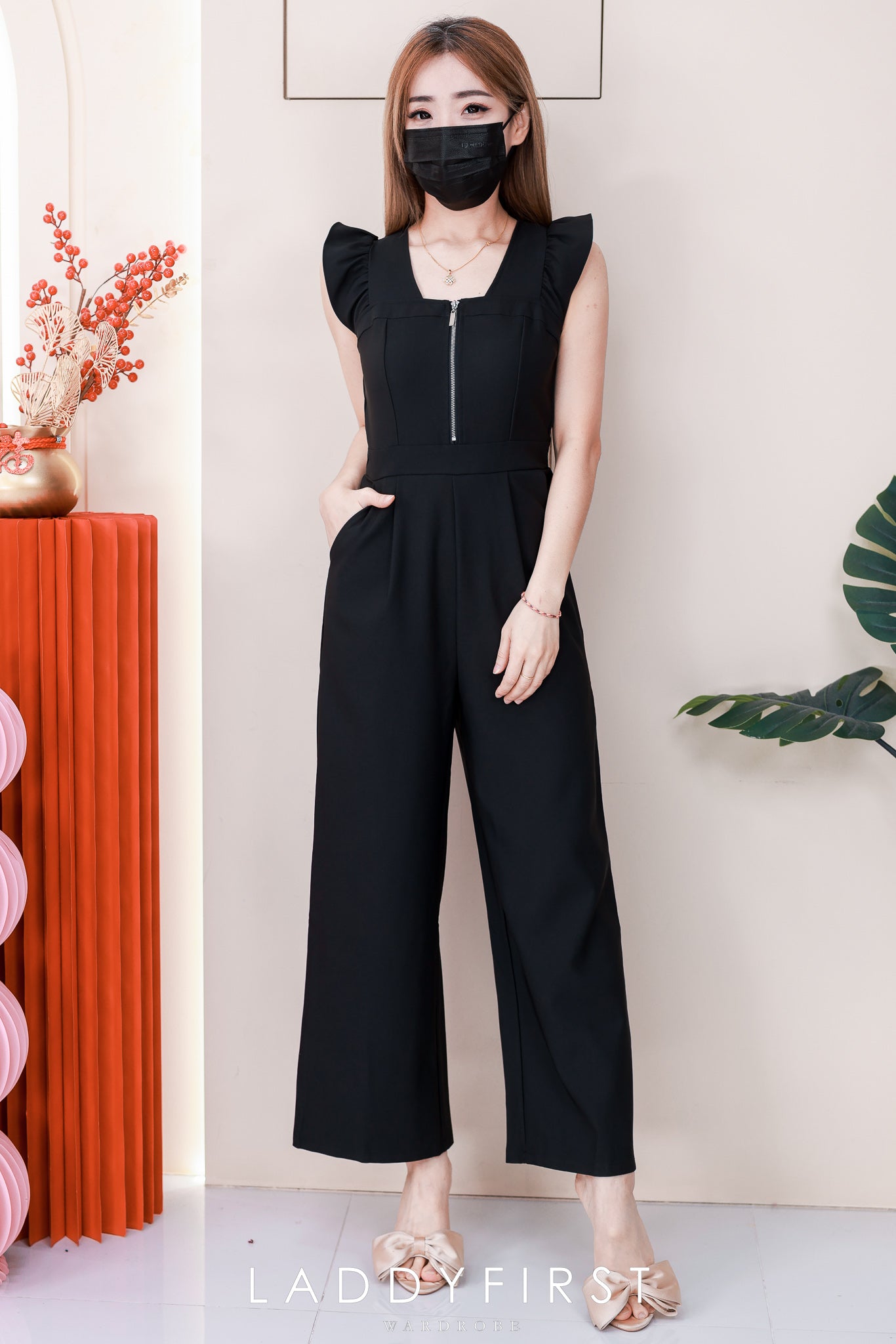 【D22580】高品质无袖荷叶边简约款西装连身长裤，有口袋 ❤❤【B-RU】