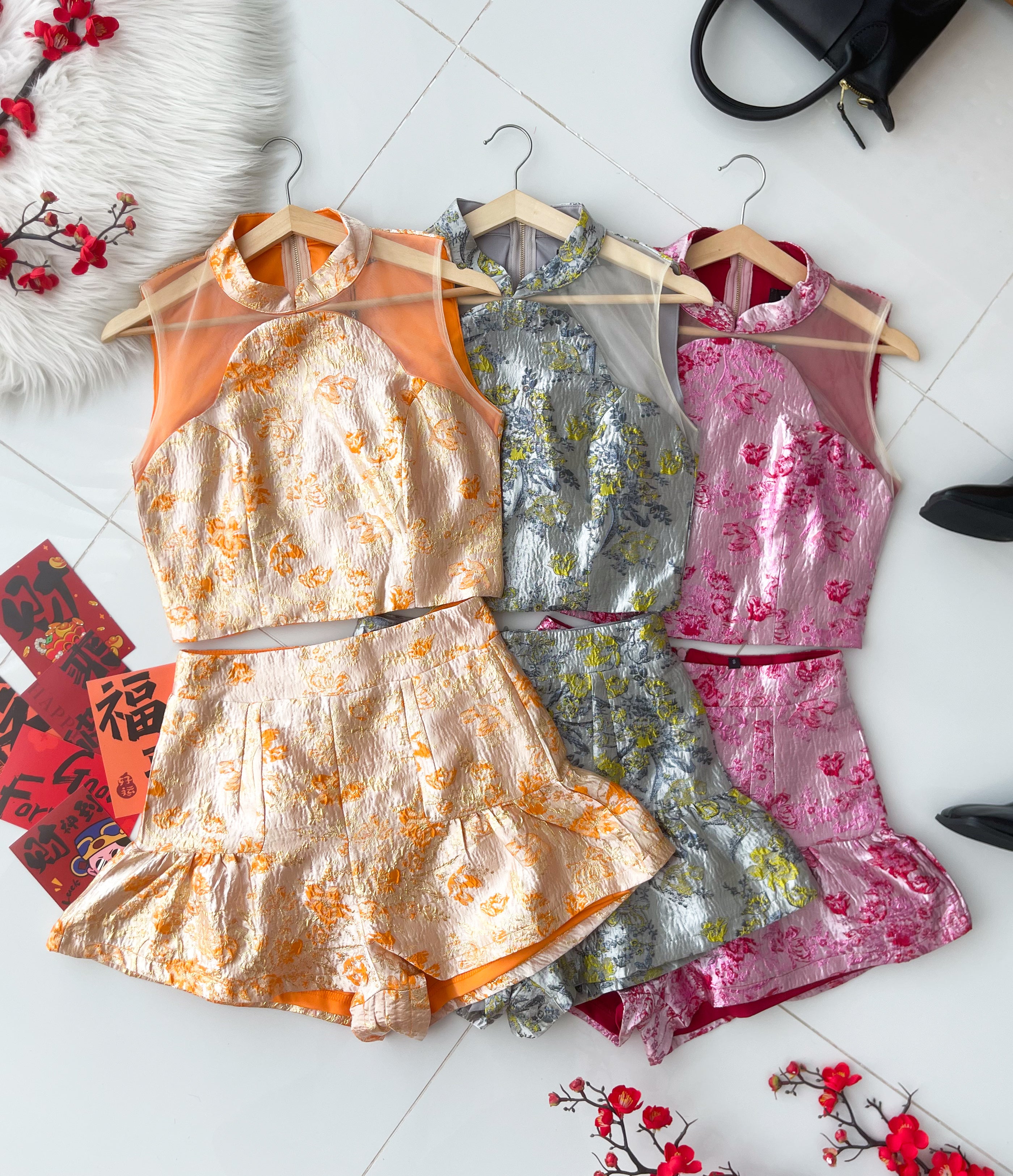 【SS8240071】高品质两件式高档新中式提花旗袍套装 提花拼接无袖网纱提花旗袍上衣➕提花高腰裤裙 ❤️❤️