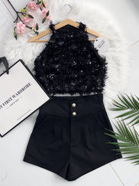 【SS3400】【独家小圆饼】两件式削肩套装 ,  鸵鸟毛拼接亮片Cut In上衣 ➕ 西装锦棉高腰显瘦短裤 , 有口袋【A-R2-C5】