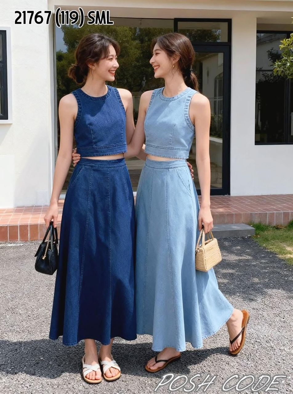 【SS21767 / 19835-1】⚡补货预订款⚡高品质两件式气质感韩系牛仔时尚套装 无袖牛仔短版上衣➕牛仔高腰长裙，有口袋 ❤️❤️