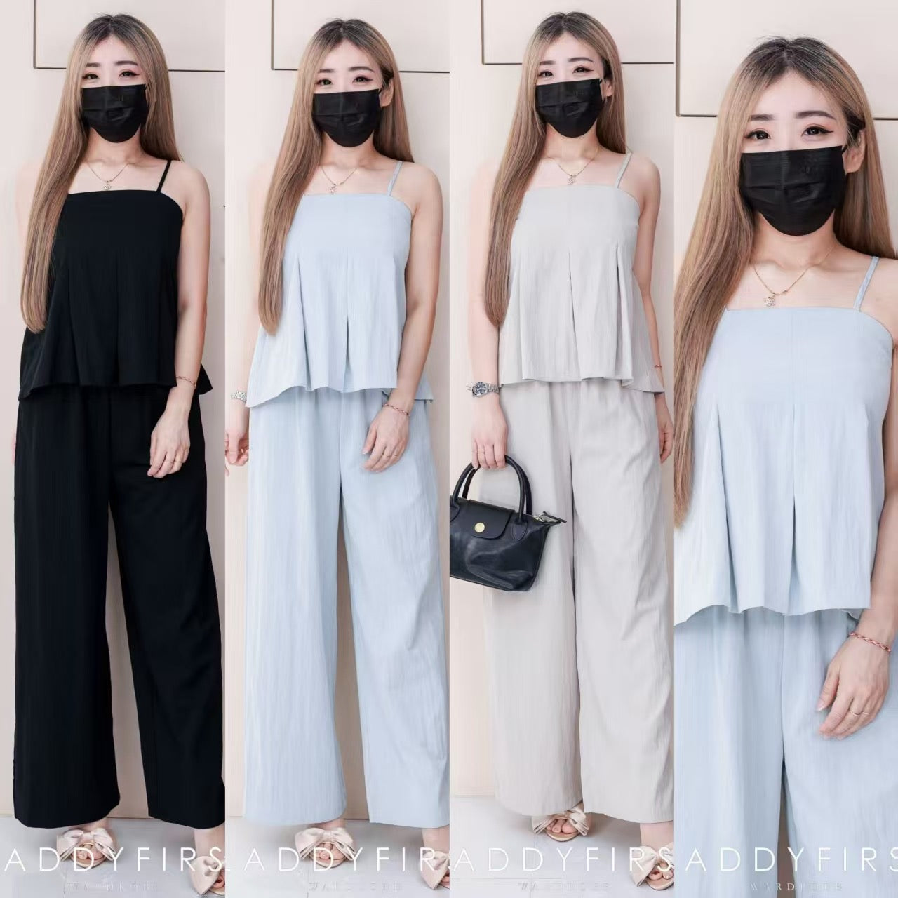 【SS25802】高品质两件式韩式轻熟风时尚套装 ❤️❤️ 自调无袖肩带荷叶式上衣➕松紧腰弹力阔脚高腰百搭长裤，有口袋