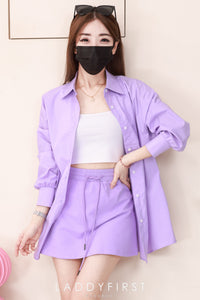 【SS3540】＊高质量套装回馈＊【LFW独家小圆饼】高品质两件式韩式气质感衬衫时尚套装 宽松版翻领长袖衬衫上衣➕卫衣棉松紧腰弹力高腰裙子，内层有里布短裤 ❤️❤️