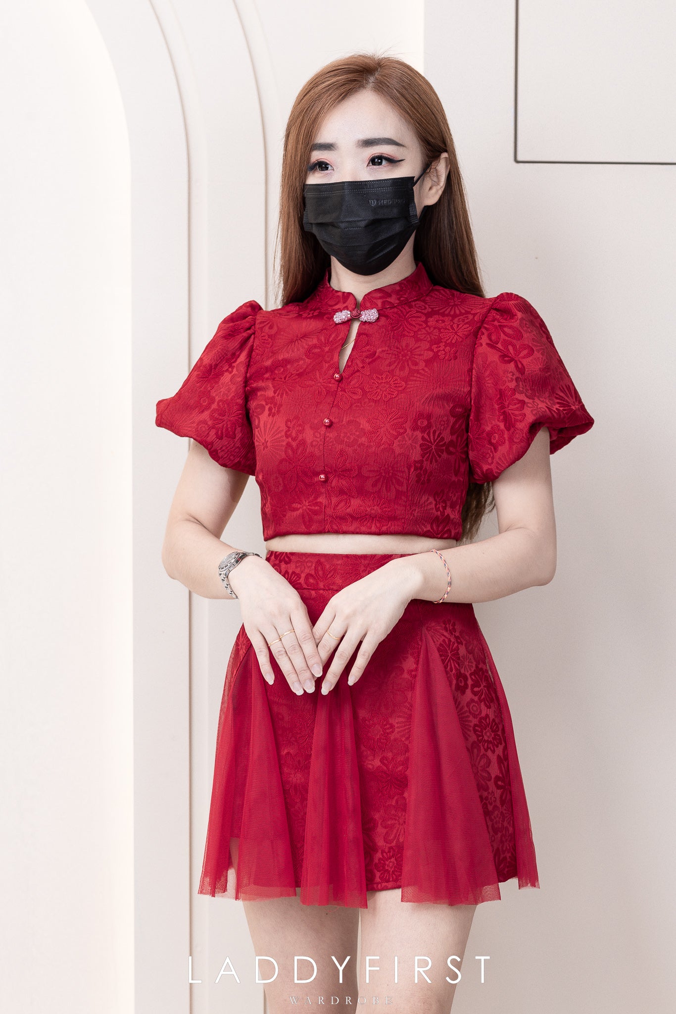 【SS5517】两件式旗袍提花套装 泡泡袖旗袍上衣➕提花拼接网纱高腰裙子，内层有短裤 ❤️❤️