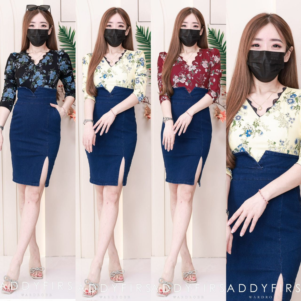 【D210180】【网站福利款✨】独家新品缎面碎花长袖上衣拼接牛仔开叉连身裙子，有口袋