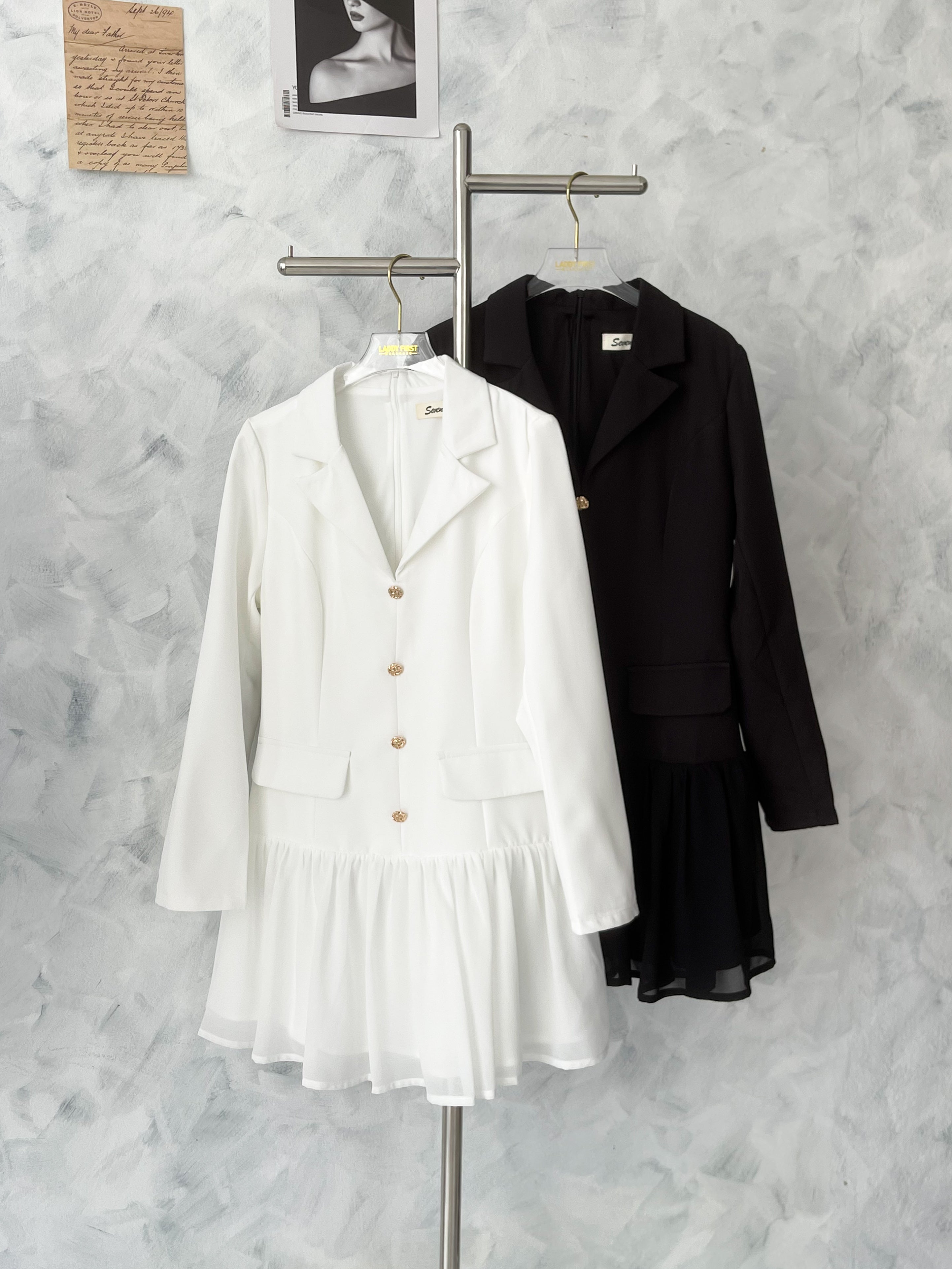 【D81181】高品质韩系御姐风长袖西装拼接雪纺连身裙子 ❤❤【A-R2-C1】