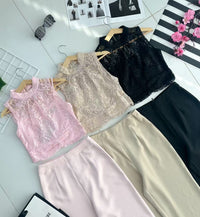 【SS8232441】高品质两件式蕾丝拼接西装时装套装  假两件式内层内搭拼接蕾丝上衣➕阔脚西装高腰长裤 ❤️❤️【B-R1-C1】