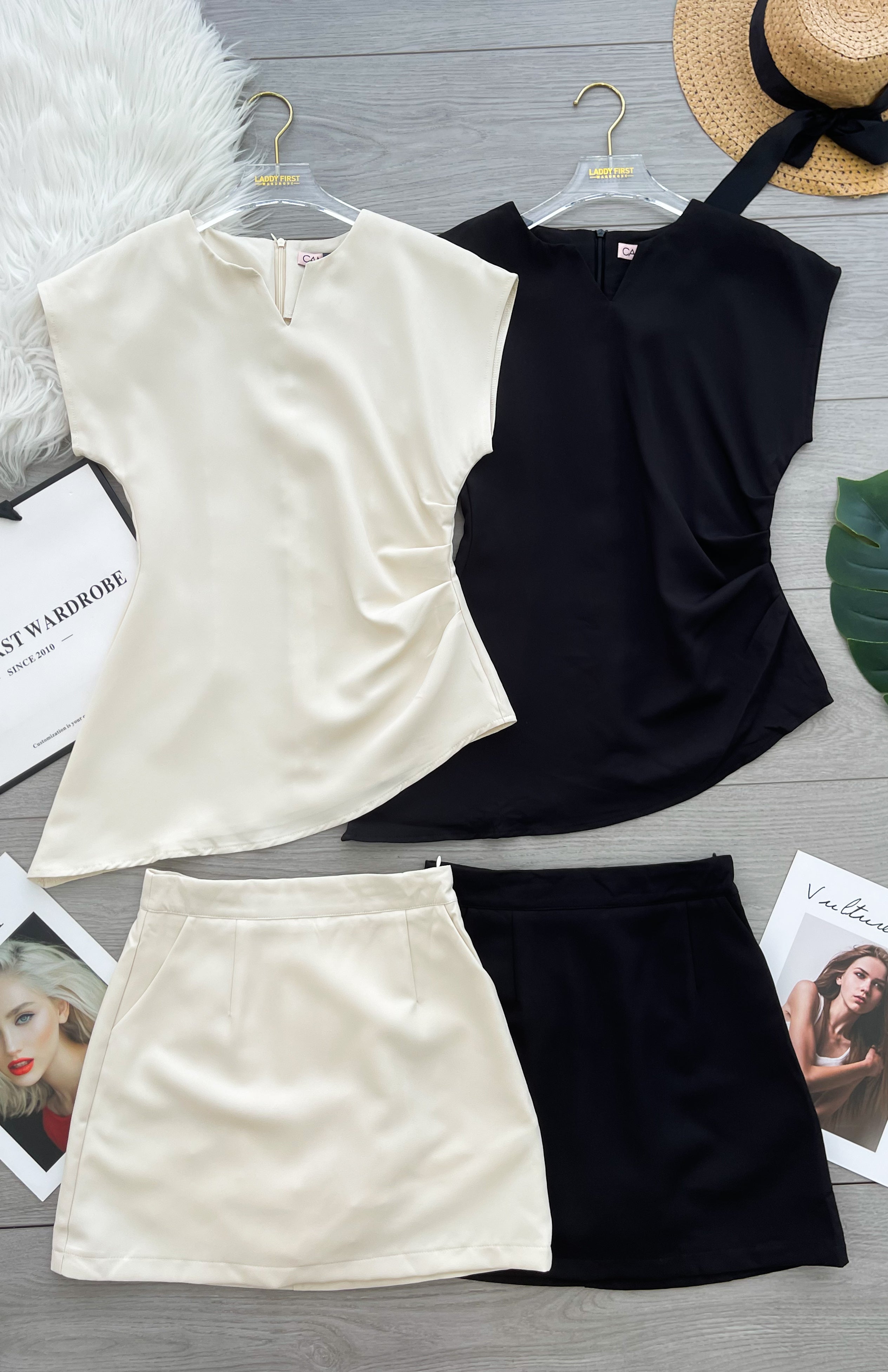 【SS21674 / 164401】高品质两件式不规则设计西装时装套装 不规则设计短袖上衣➕西装A字高腰裙子，内层有里布短裤❤️❤️