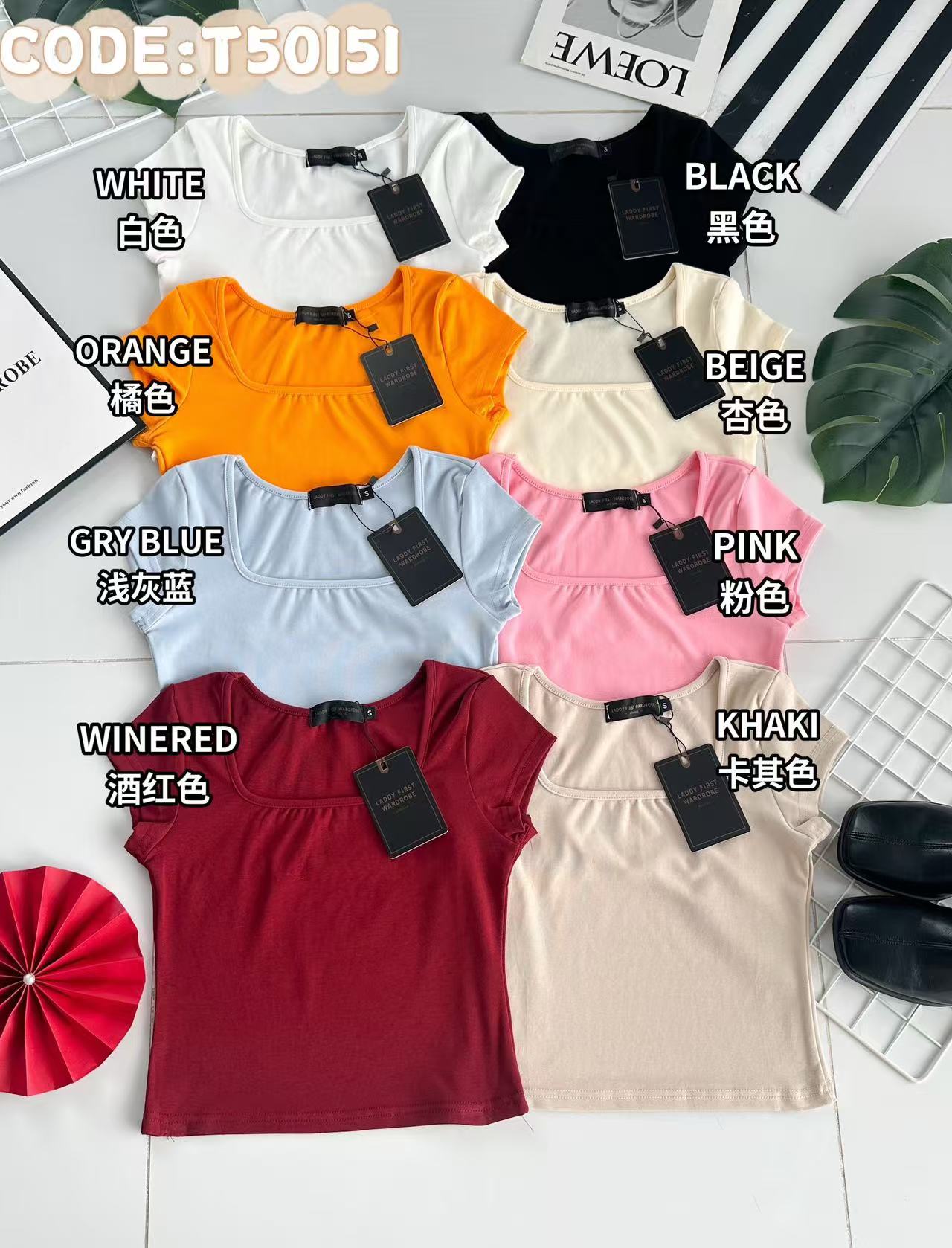 【T50151】独家爆款高品质方领短袖纯棉弹力简约日常百搭款上衣 ❤❤  【B-R2-C5】