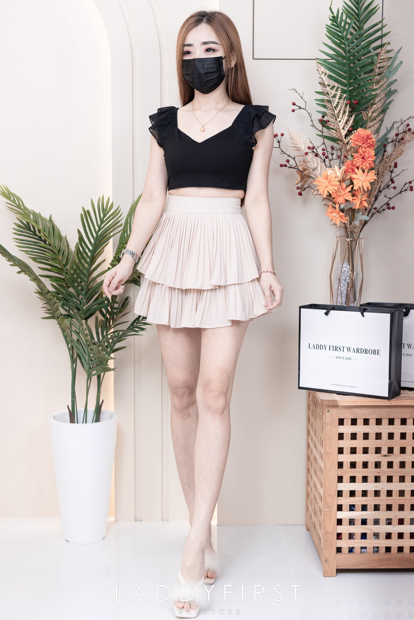 【S68114】【独家小圆饼】双层蛋糕百褶荷叶边高腰显瘦西装裙子，内层里布短裤【B-R1-C2】