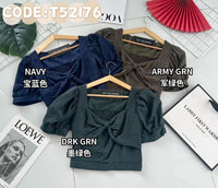 【T52176】高品质蝴蝶结领口设计泡泡袖雪纺时装上衣，后副伸缩弹力 ❤❤ 【A-R2-C2】