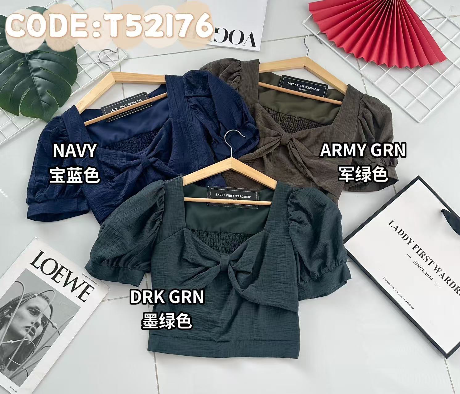 【T52176】高品质蝴蝶结领口设计泡泡袖雪纺时装上衣，后副伸缩弹力 ❤❤ 【A-R2-C2】