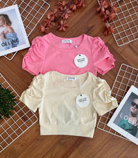 【T3454】【LFW独家小圆饼】高品质厚棉皱褶短袖纯棉弹力简约休闲百搭上衣 ❤❤ 【A-R1-C1】