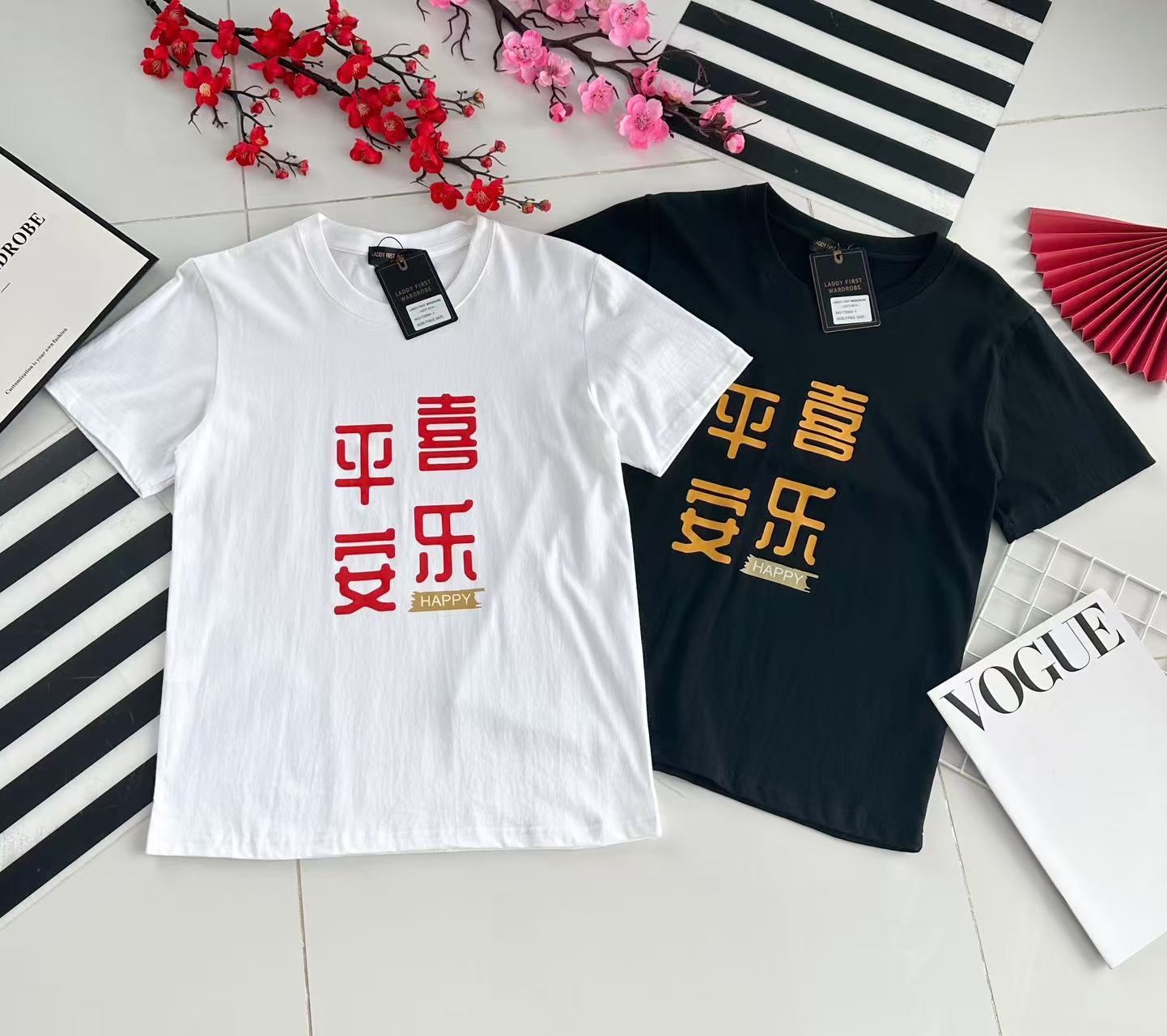 【O2320】🧧「平安喜乐」男女同款圆领短袖纯棉弹力 Oversized 上衣 🧧