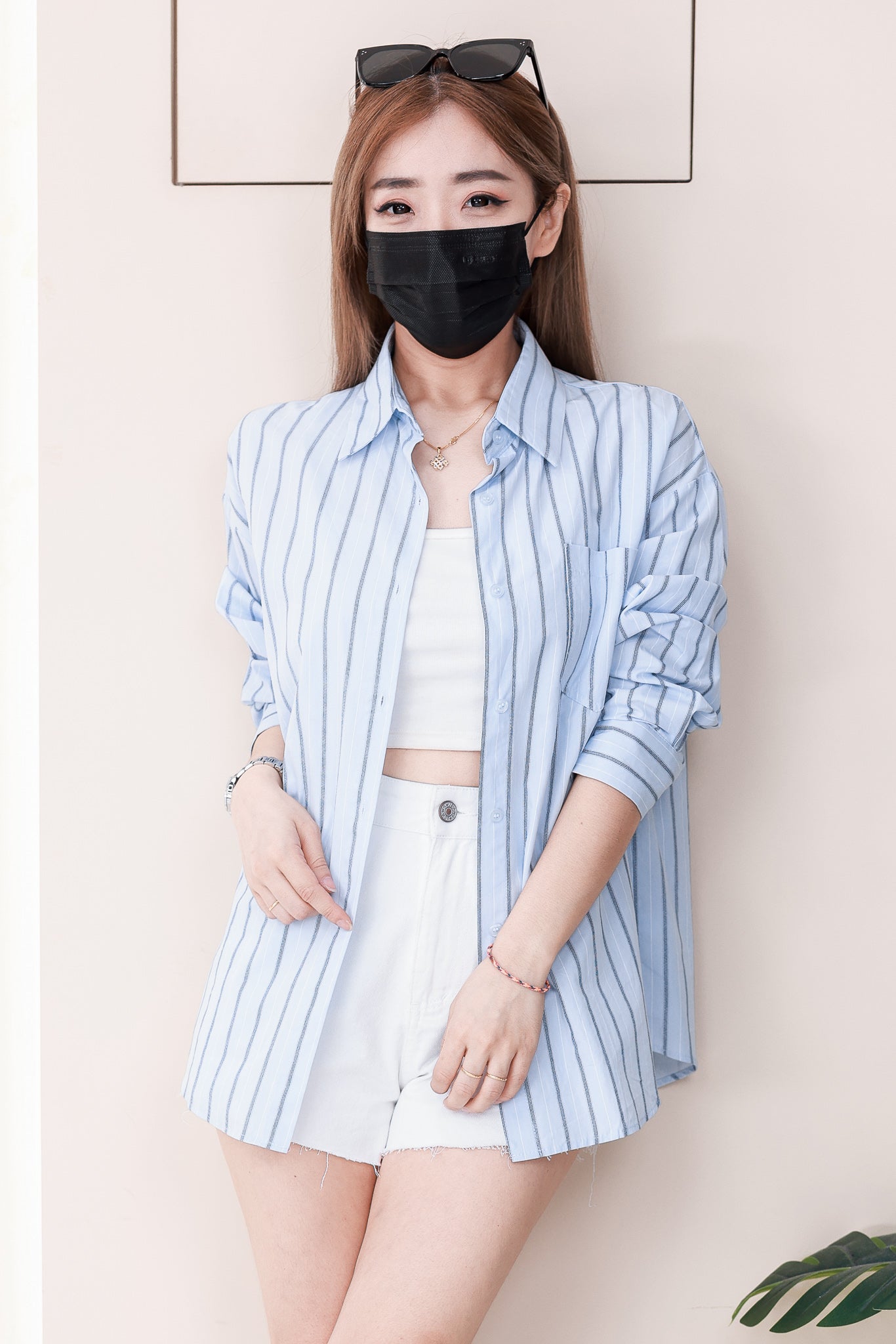 【T2150】高品质韩式宽松版线条翻领衬衫长袖上衣，有口袋❤❤