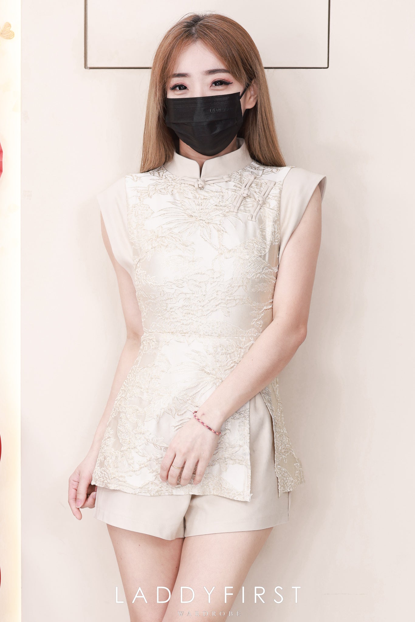 【D3505】【LFW独家小圆饼】高品质高档气质新中式国风西装拼接提花旗袍连身短裤，设计提花开叉裙子，内层西装连身短裤 ❤❤