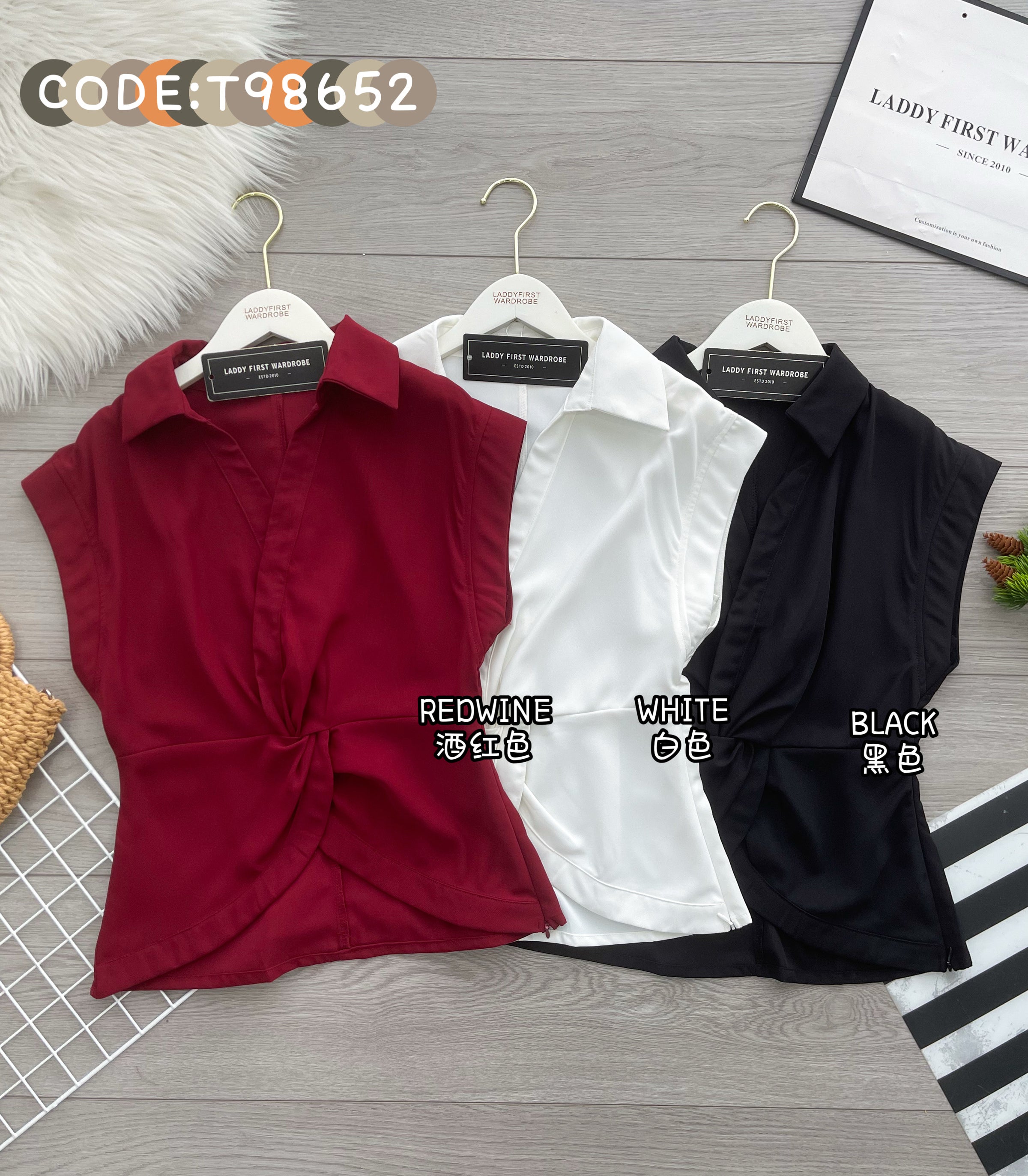 【T98652】高品质腰间纽结收腰设计翻领 时装上衣 ❤❤ 【B-R1-C1】