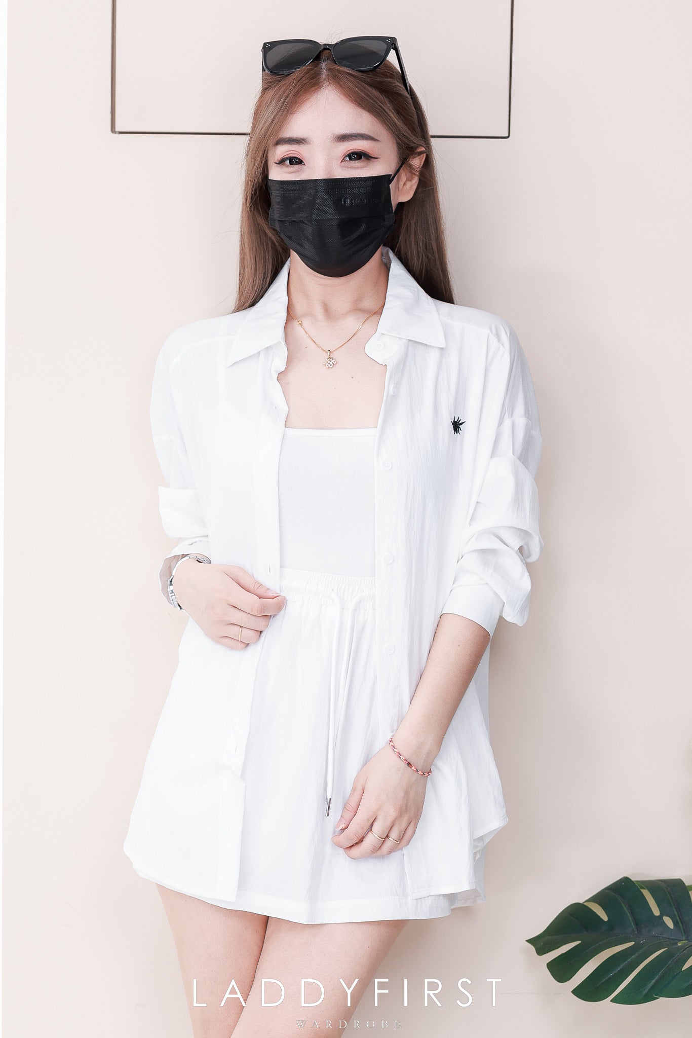 【SS5913-1】⚡补货预定款⚡高品质韩式简约衬衫时尚套装 宽松大版翻领长袖上衣➕松紧腰弹力高腰百搭裙子，内层有里布短裤，有口袋❤️❤️