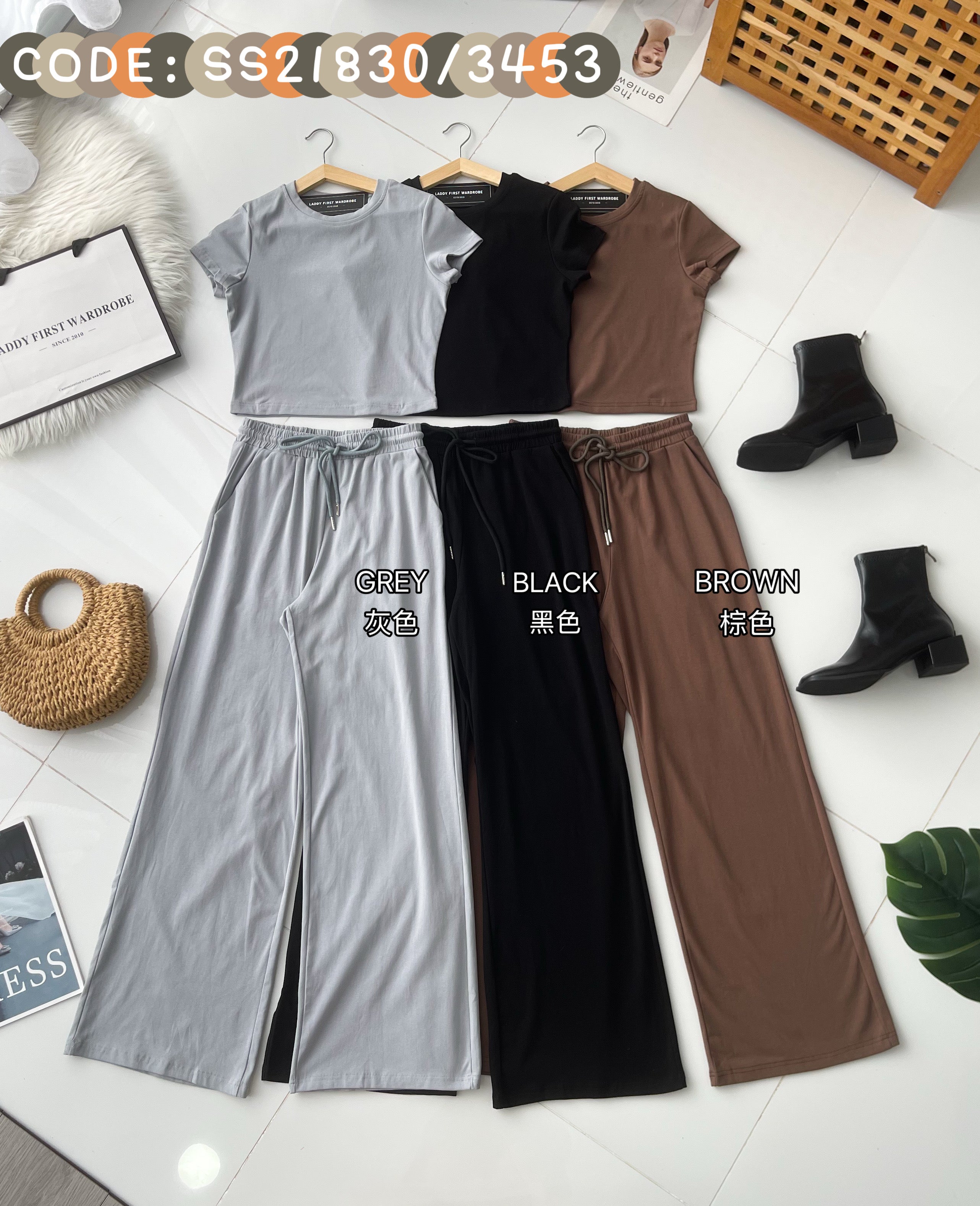 【SS21830 / 3453】高品质两件式纯棉弹力简约休闲百搭套装 纯棉弹力百搭上衣➕松紧腰弹力休闲百搭长裤，有口袋 ❤️❤️