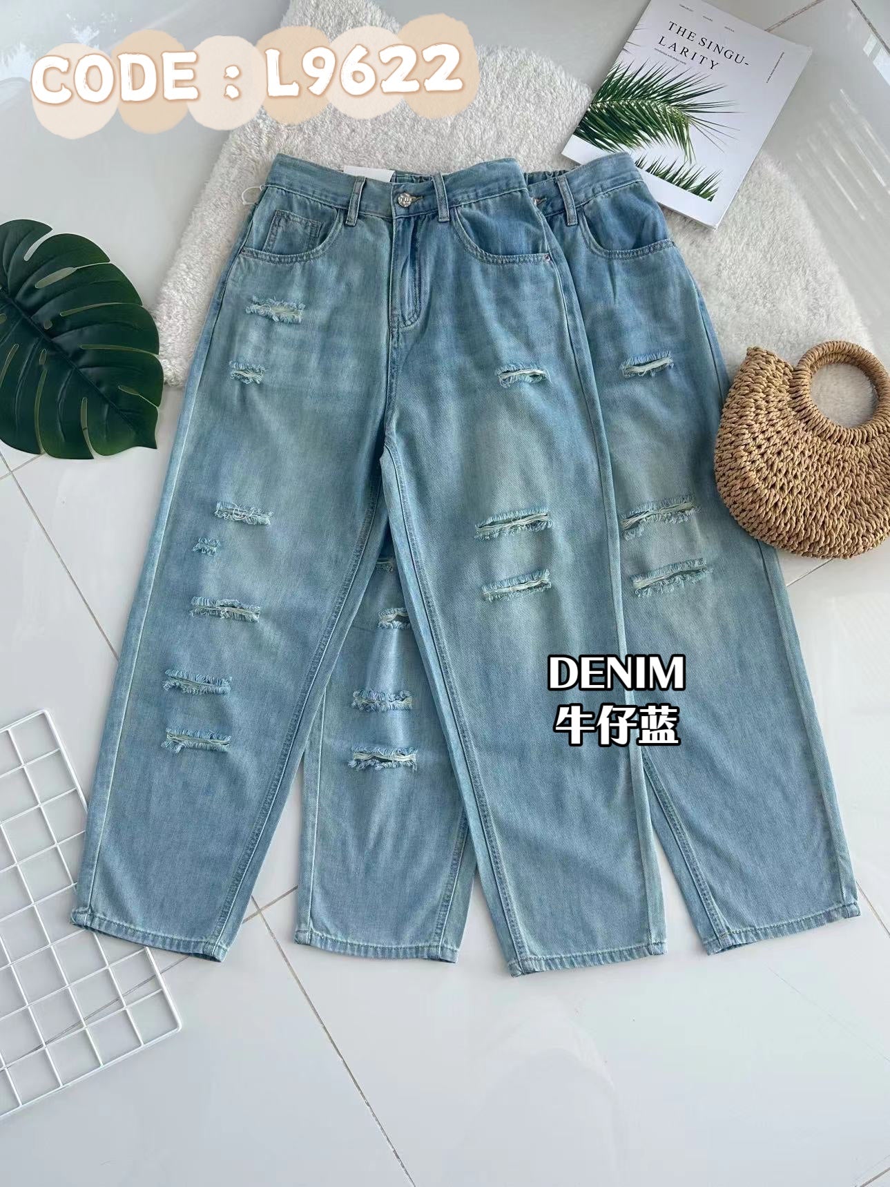 【L9622】高品质气质天丝牛仔高腰百搭破洞长裤，后副伸缩弹力，有口袋 ❤️❤️