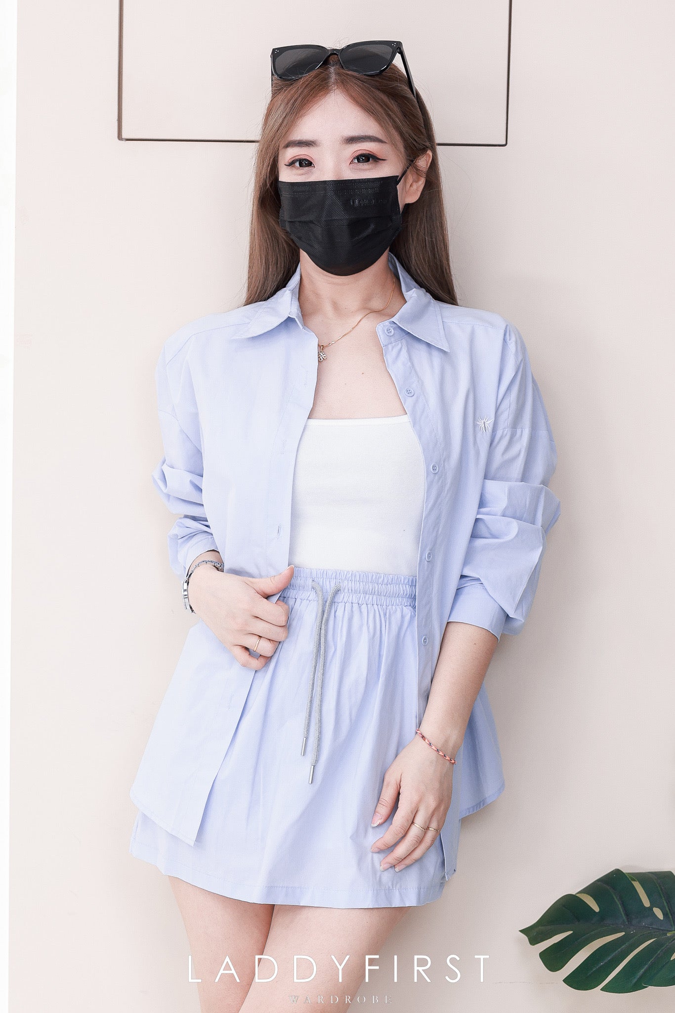 【SS5913-1】⚡补货预定款⚡高品质韩式简约衬衫时尚套装 宽松大版翻领长袖上衣➕松紧腰弹力高腰百搭裙子，内层有里布短裤，有口袋❤️❤️