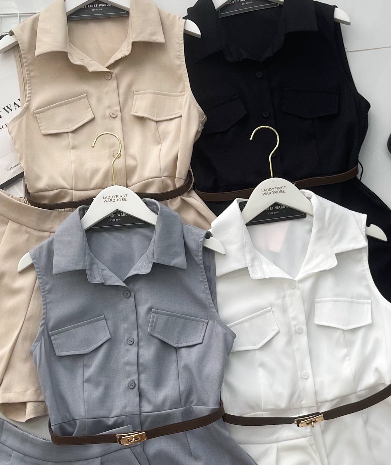 【SS21826 / 19849】高品质两件式韩系气质极简时尚套装 翻领衬衫裙上衣 ➕高腰百搭短裤，有口袋 ❤️❤️