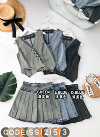 【SS121513】高品质两件式COTTON JEAN牛仔减龄马甲式套装 马甲式牛仔上衣➕百褶牛仔高腰裤裙 ❤️❤️【A-R2-C6】