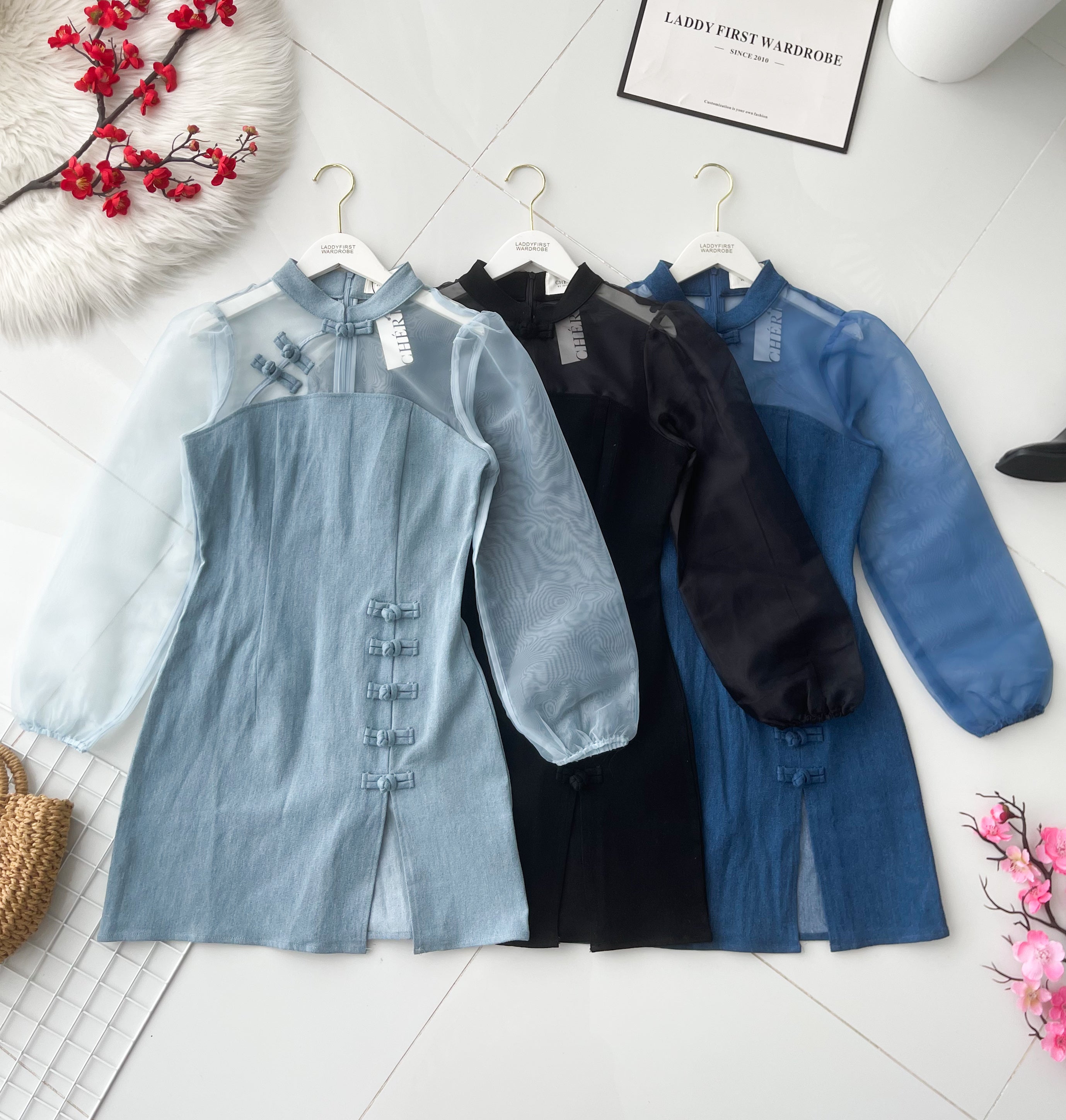 【D2640】高品质优雅气质透视网纱拼接牛仔旗袍连身裙子 ❤❤【B-R2-C4】